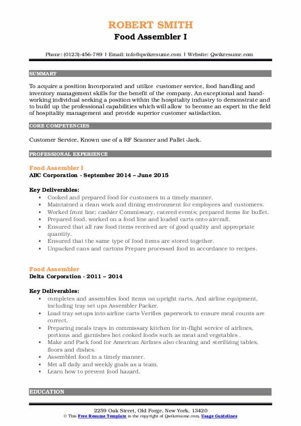 Food Assembler Resume Samples QwikResume