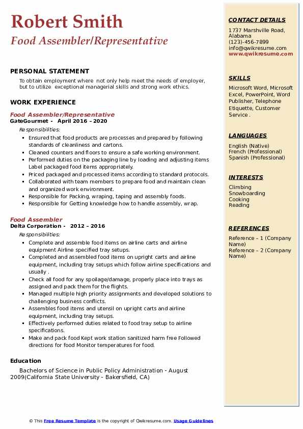 Food Assembler Resume Samples QwikResume