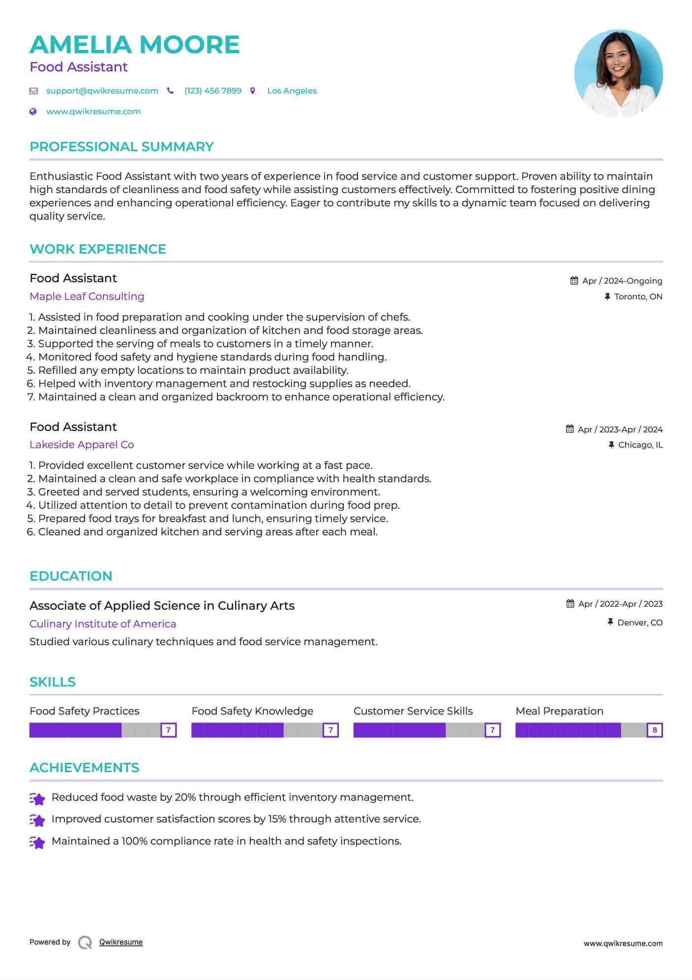 Food Assistant Resume Example