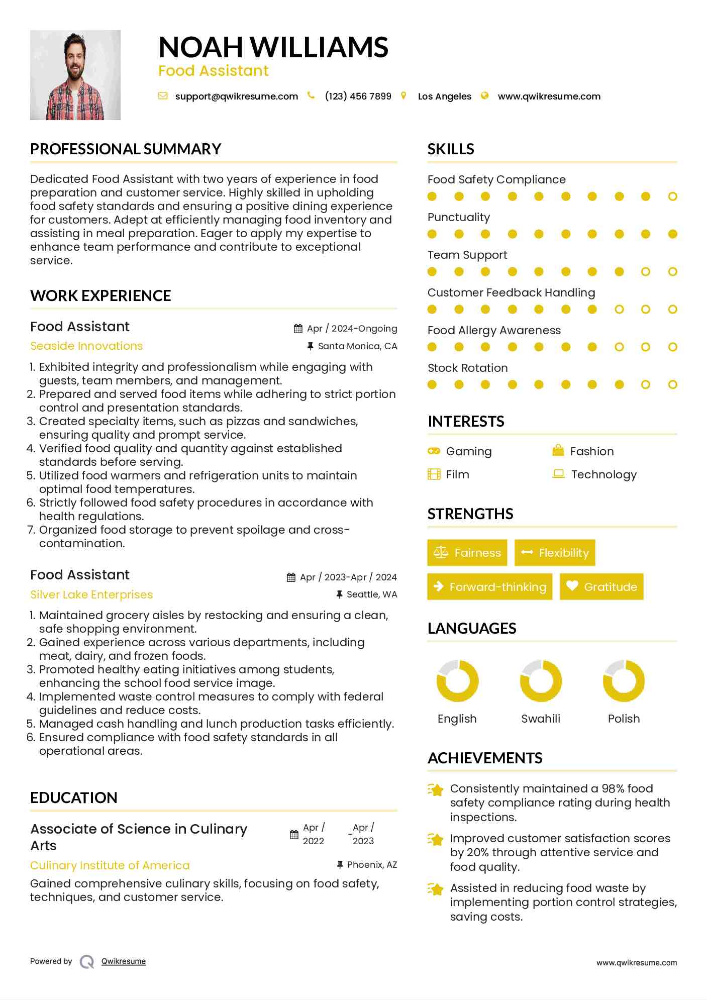 Food Assistant Resume Example