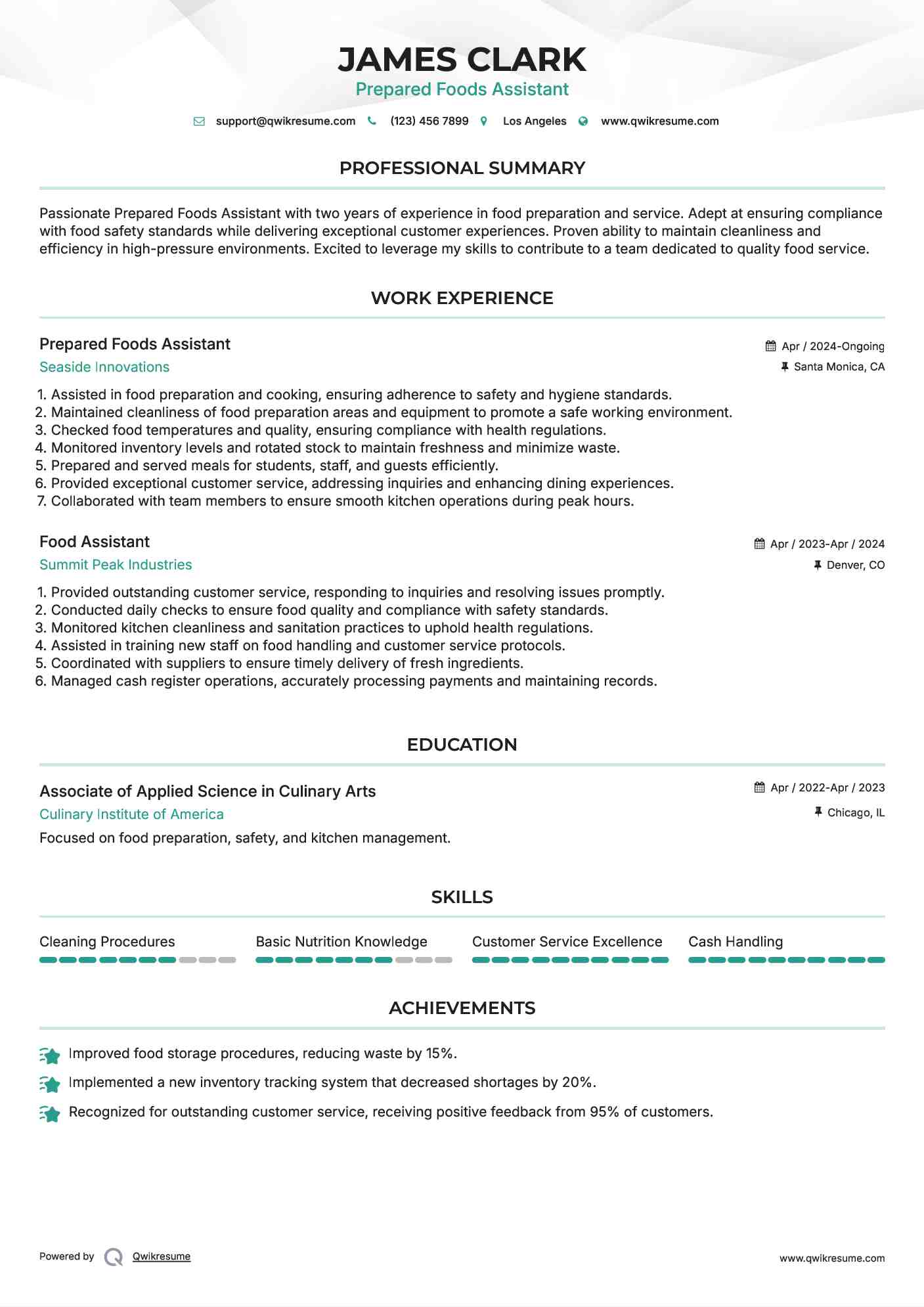 Prepared Foods Assistant
 Resume Format