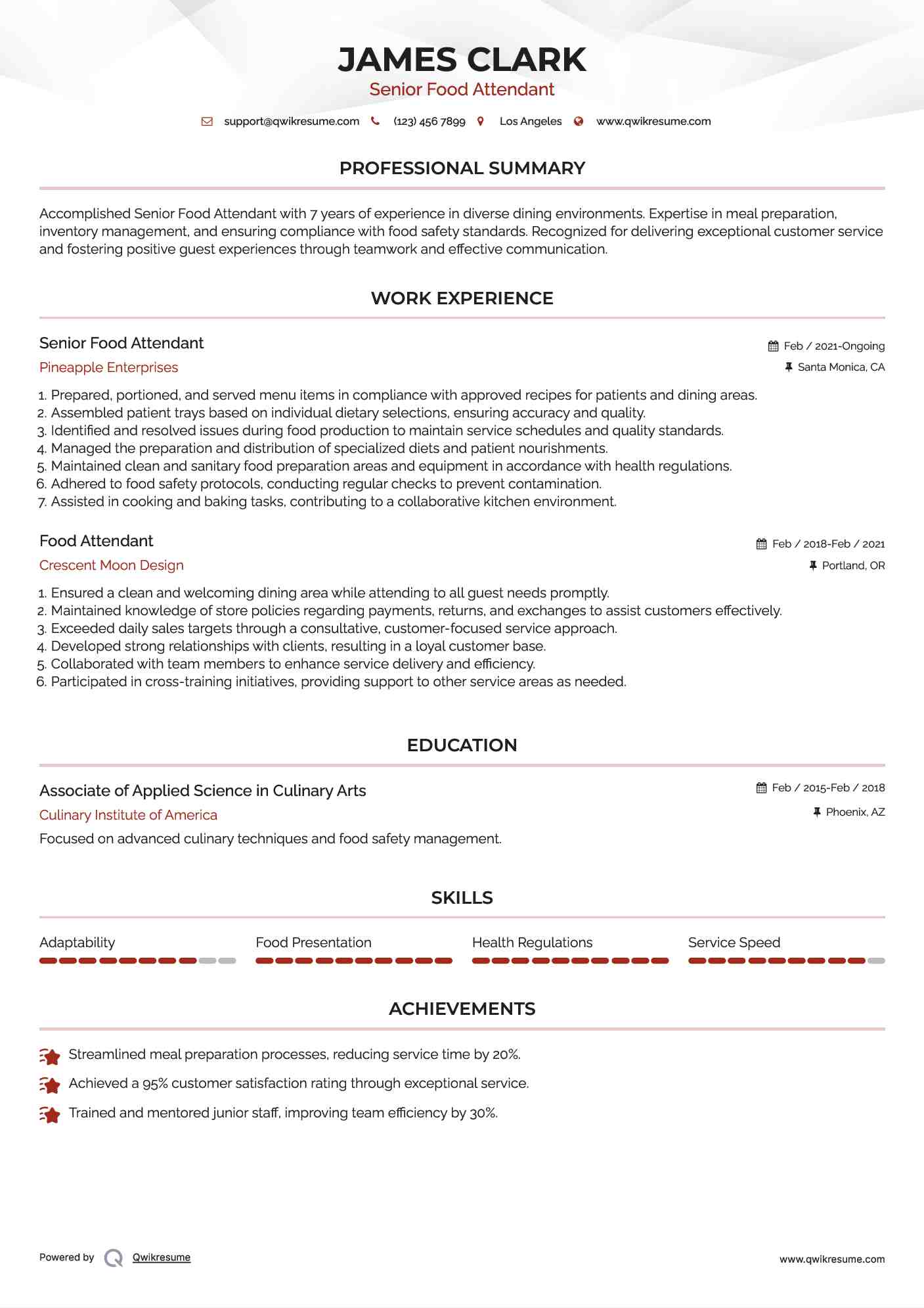 Senior Food Attendant Resume Model