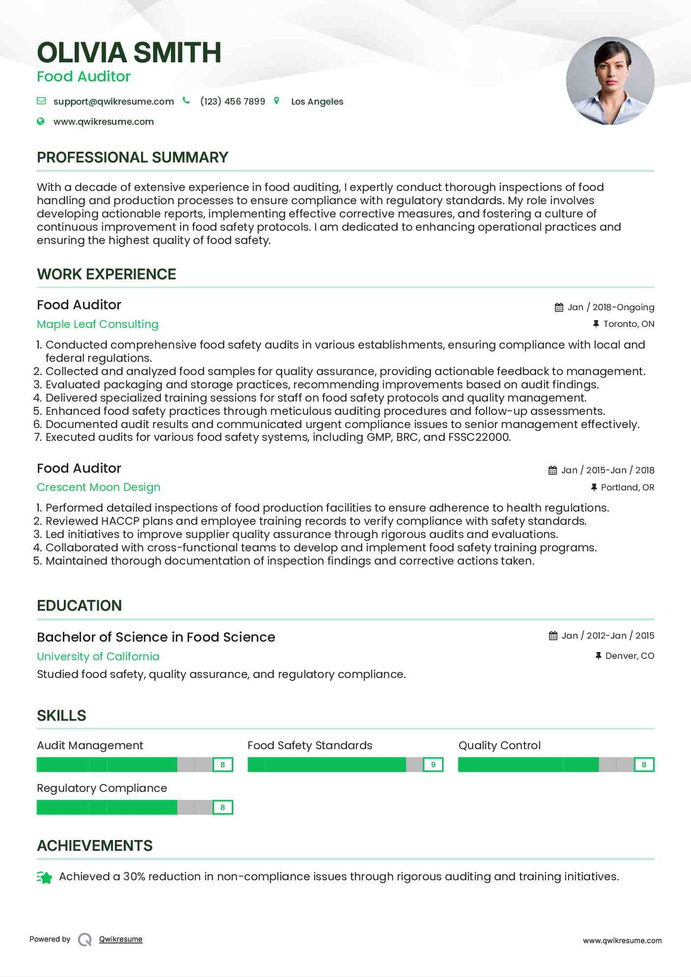 Food Auditor Resume Sample