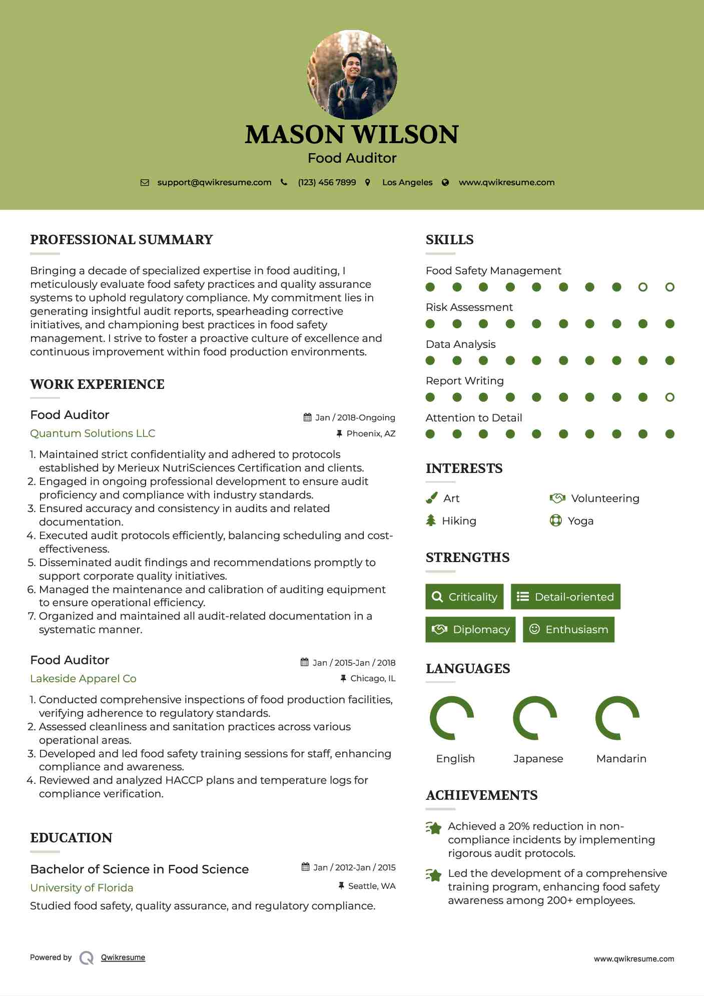 Food Auditor Resume Sample