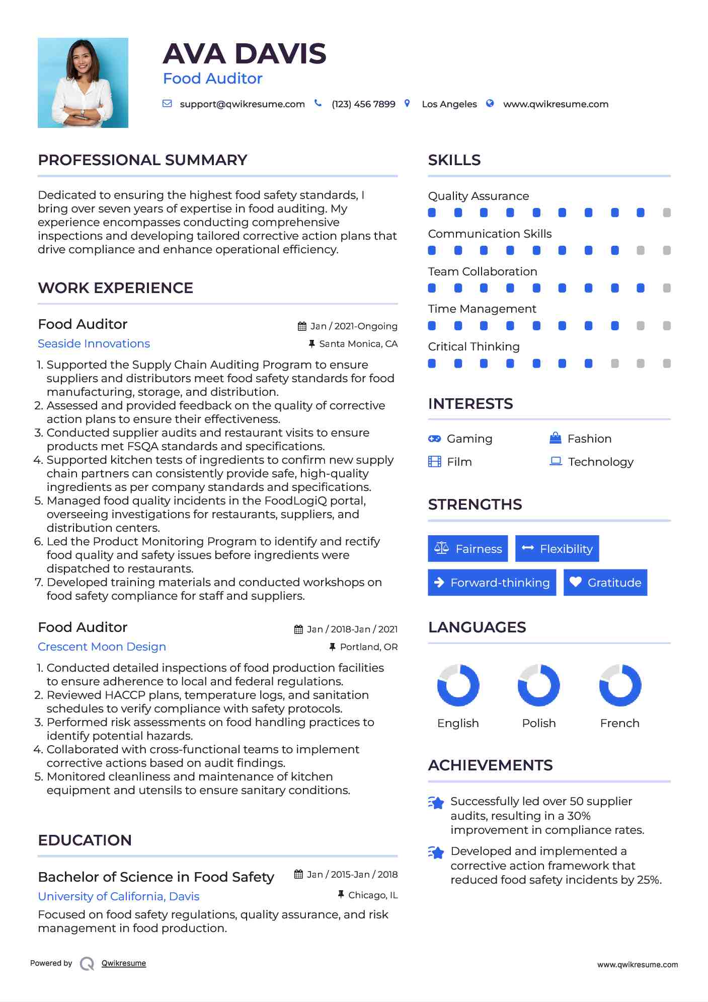 Food Auditor Resume Model