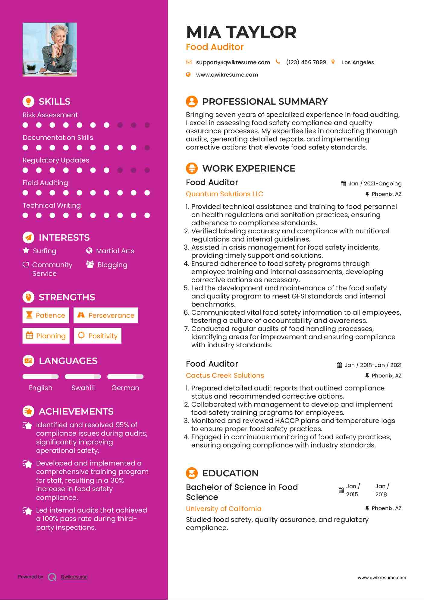 Food Auditor Resume Sample