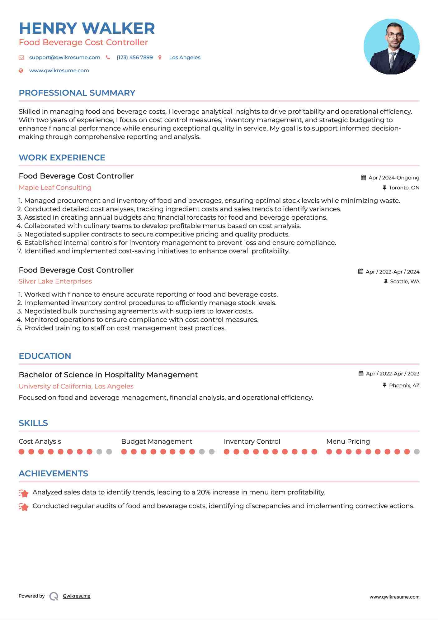 Food Beverage Cost Controller Resume Model