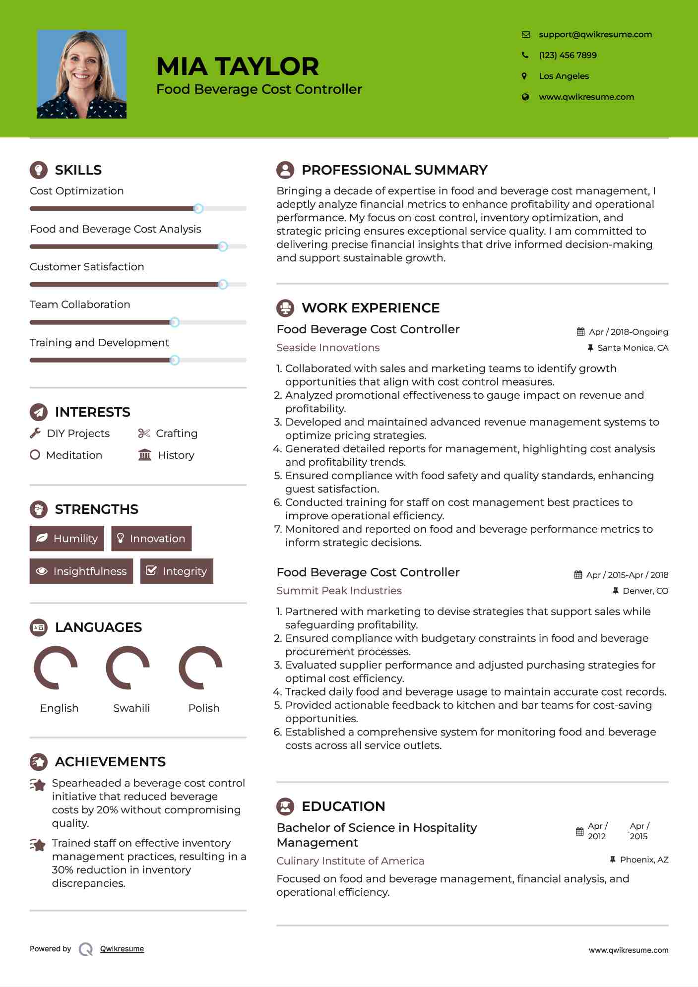 Food Beverage Cost Controller Resume Format