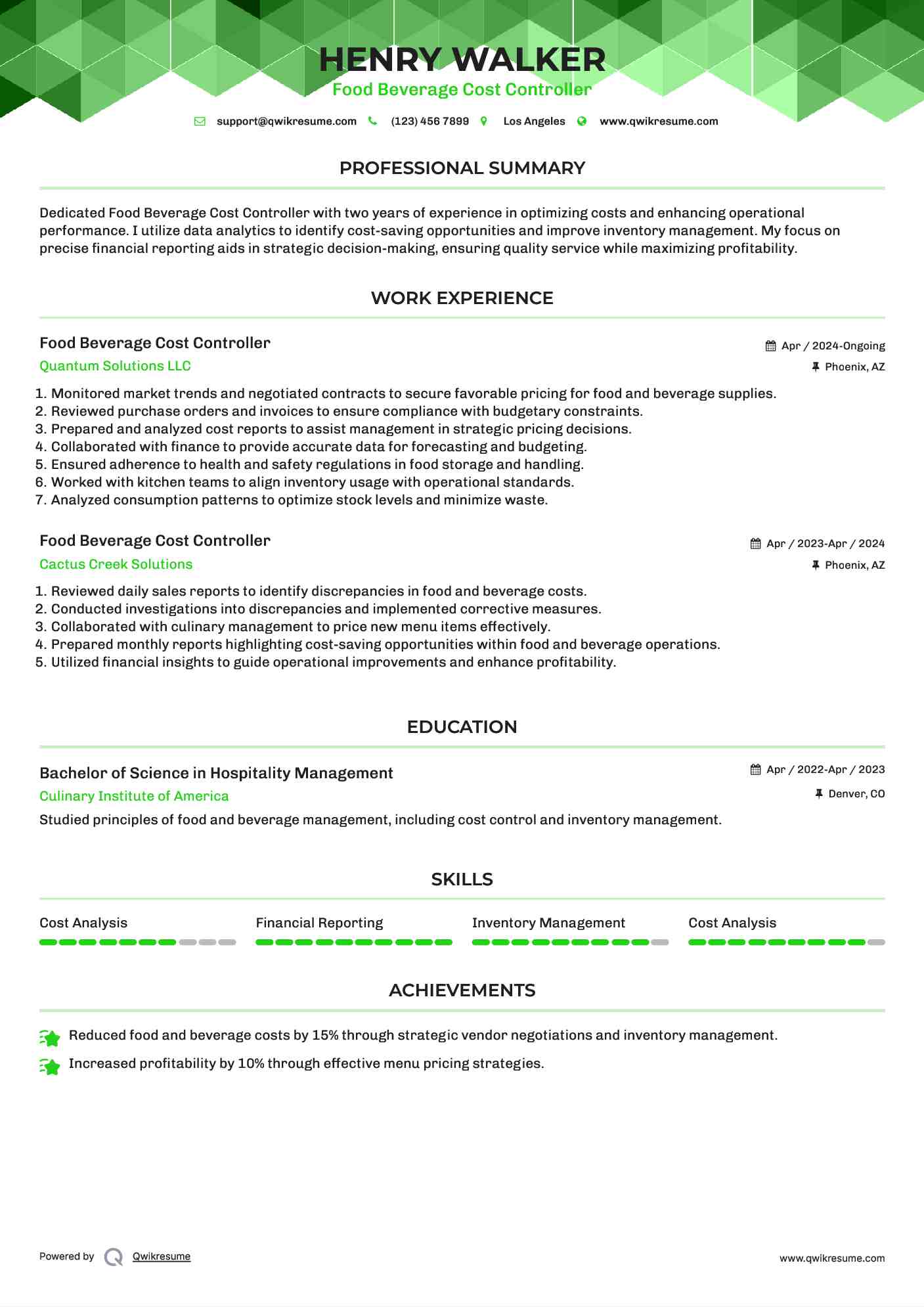Food Beverage Cost Controller Resume Model