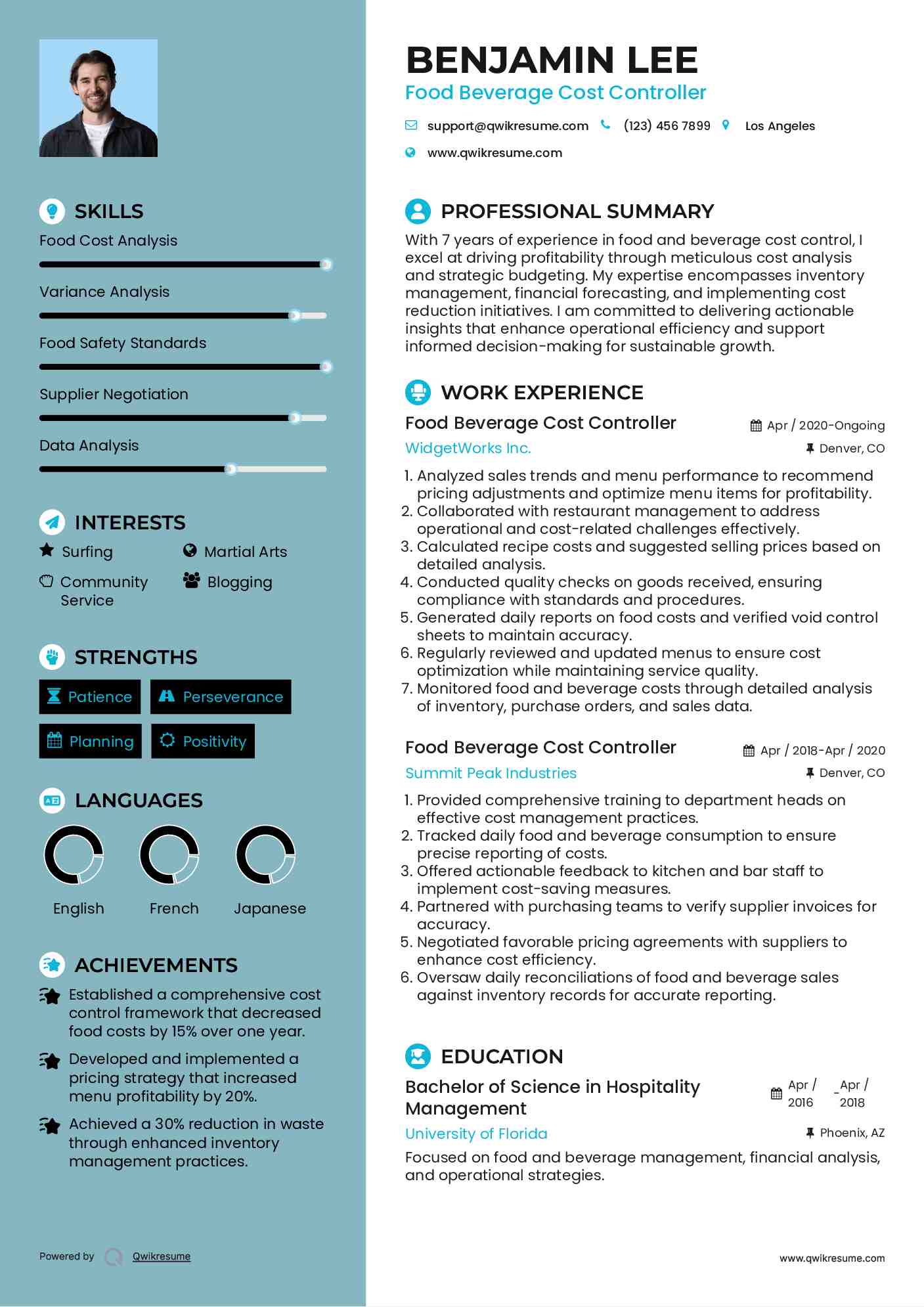 Food Beverage Cost Controller Resume Example