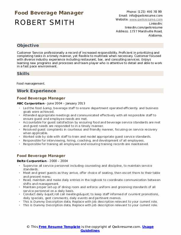 Food Beverage Manager Resume Samples - Food Beverage Manager 1592037559 Pdf 