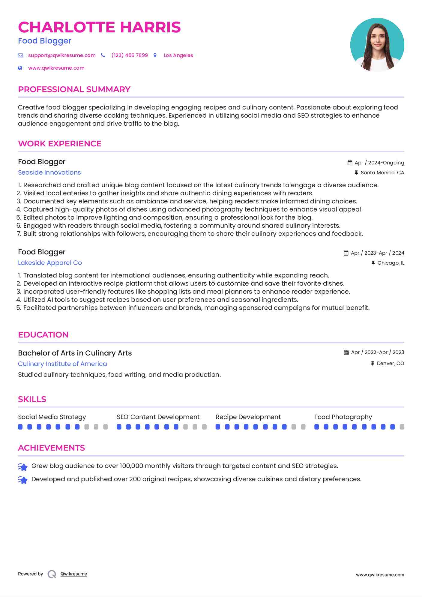 Food Blogger Resume Template