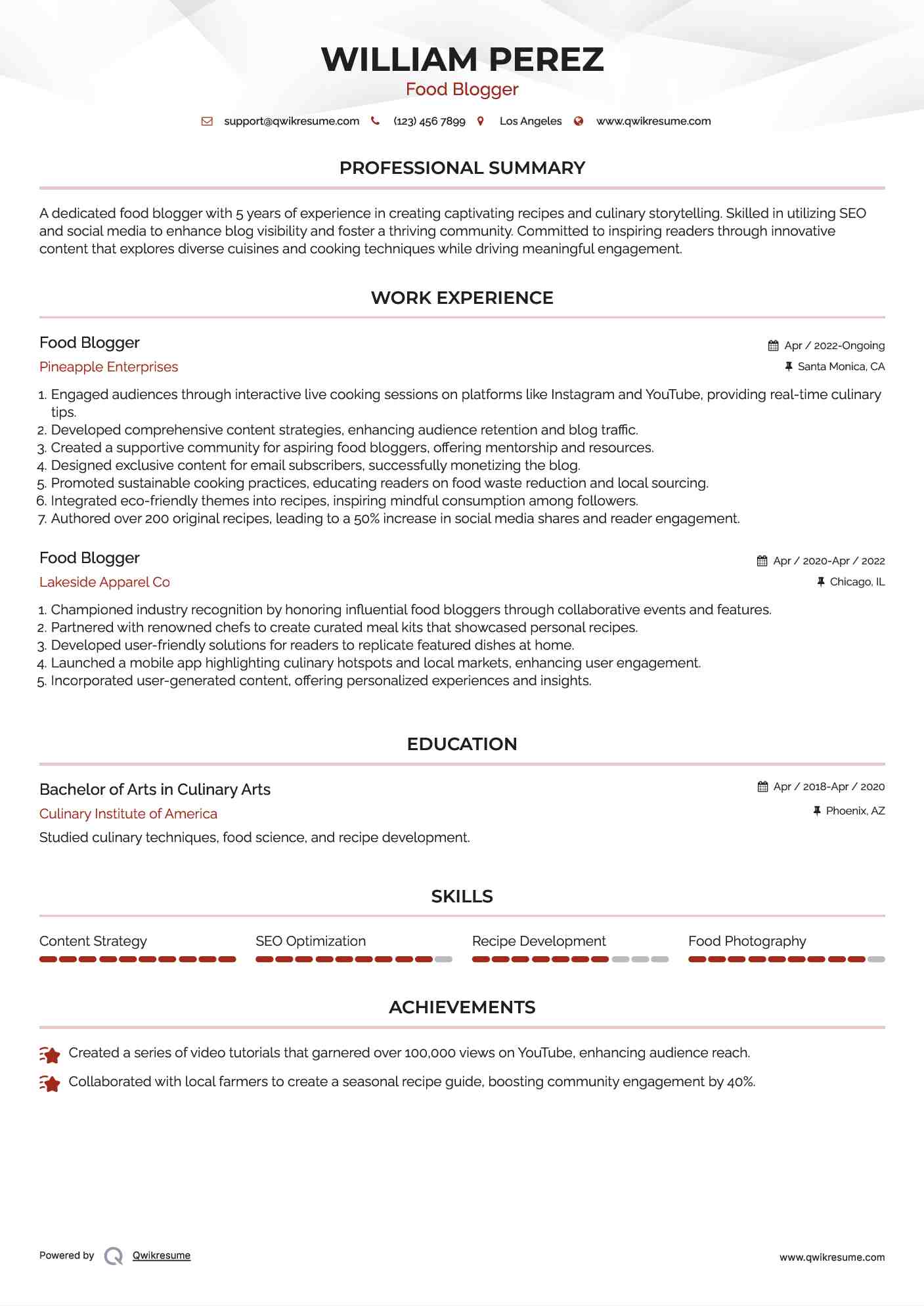 Food Blogger Resume Sample