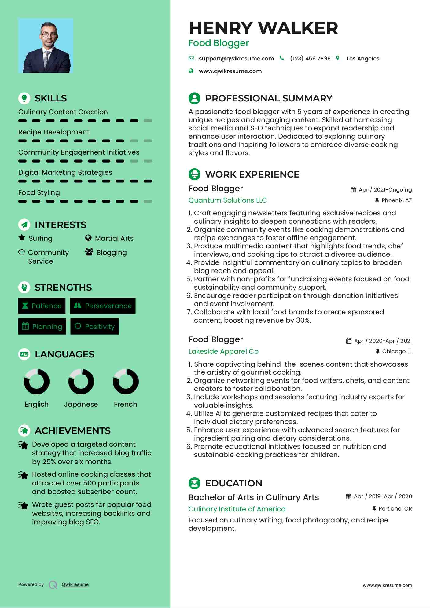 Food Blogger Resume Example