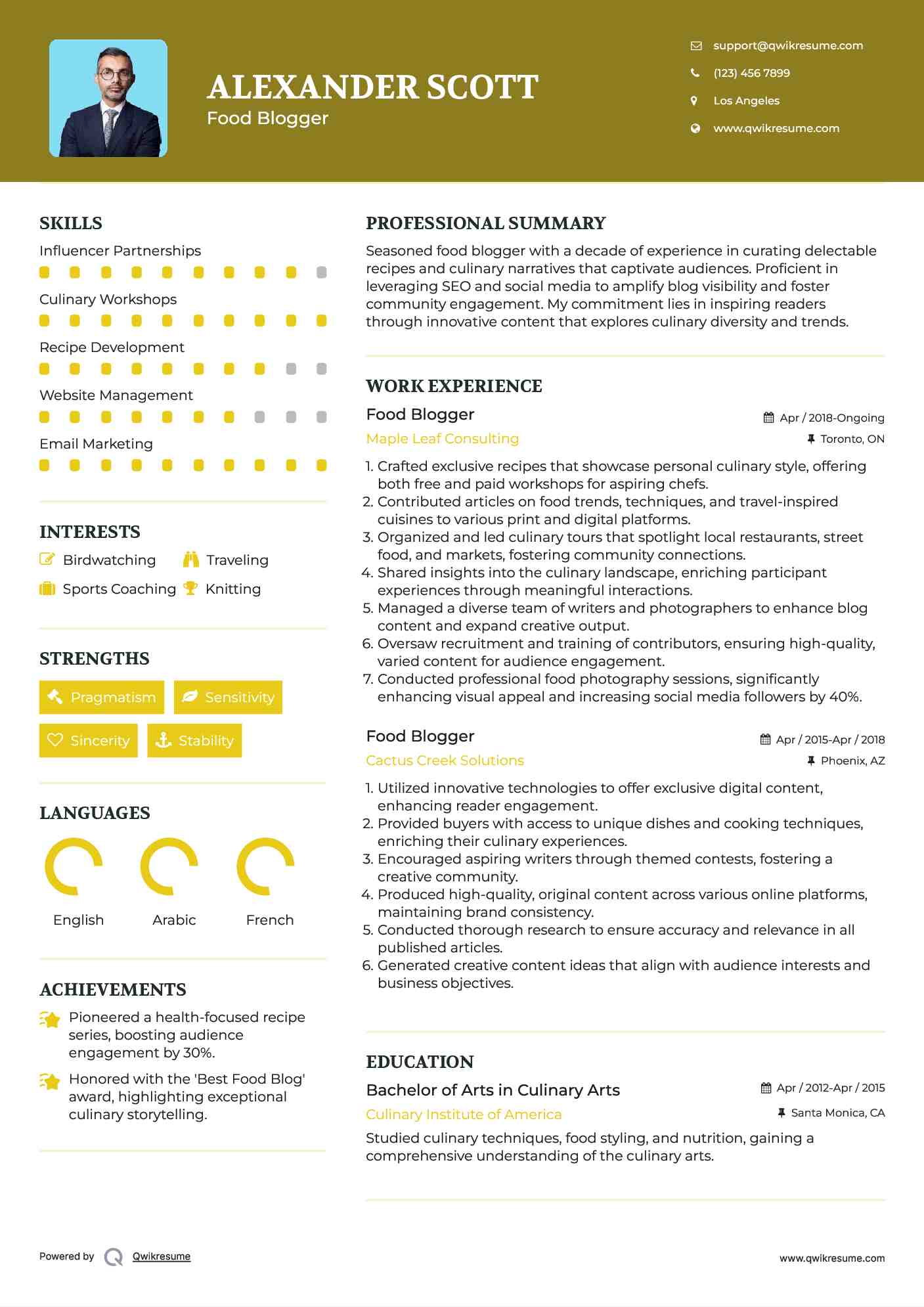Food Blogger Resume Format