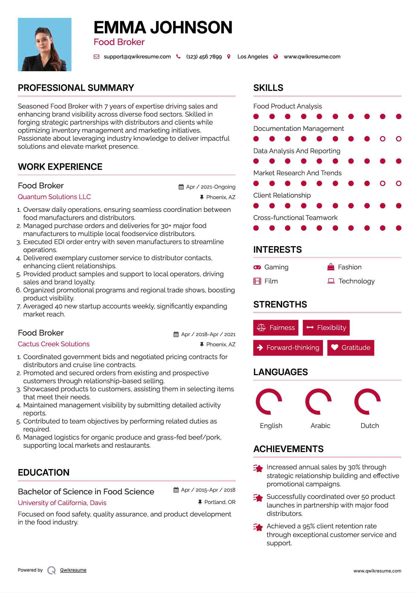 Food Broker Resume Example