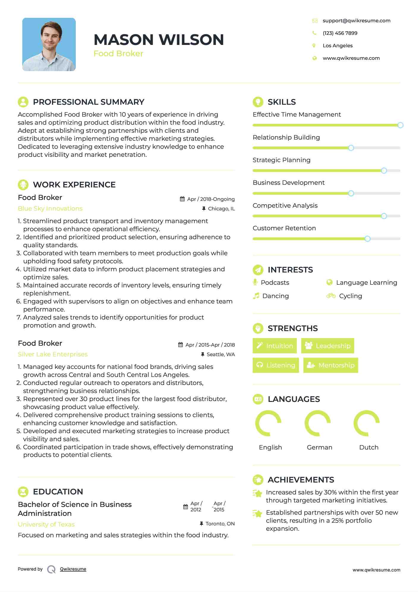 Food Broker Resume Sample