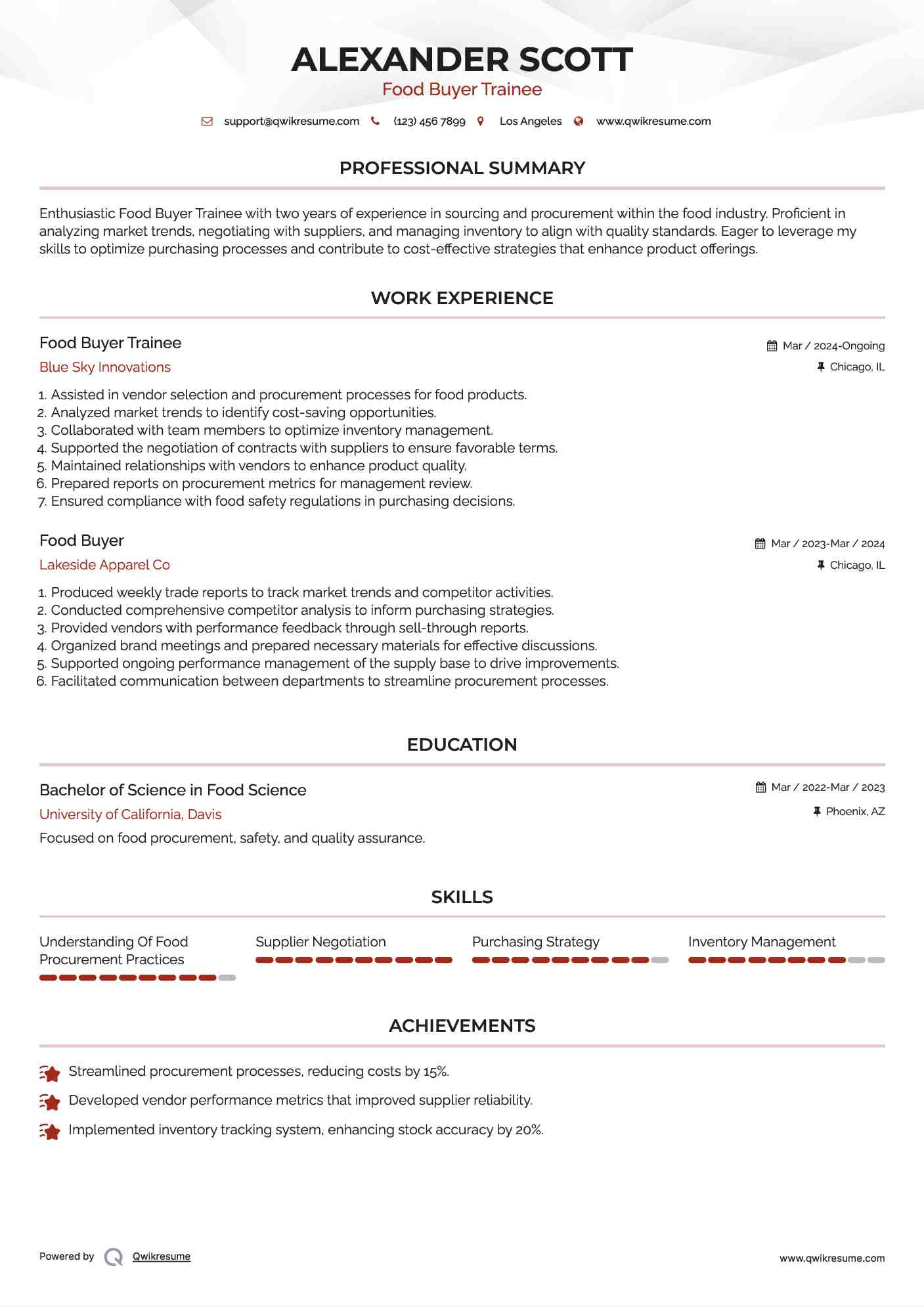 Food Buyer Trainee Resume Format