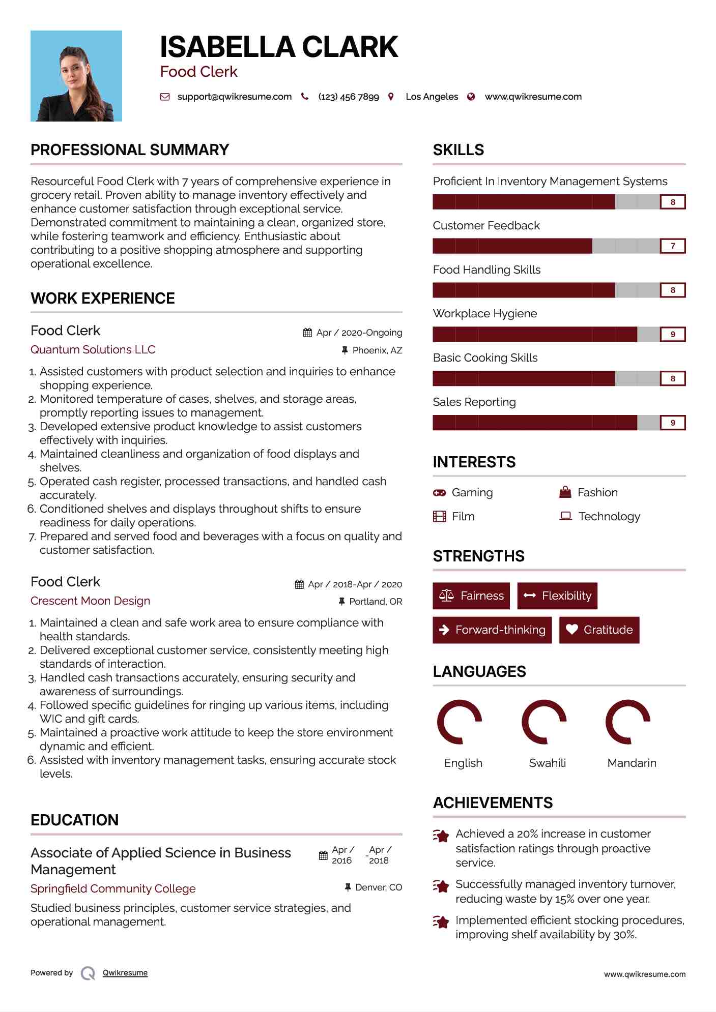 Food Clerk Resume Model