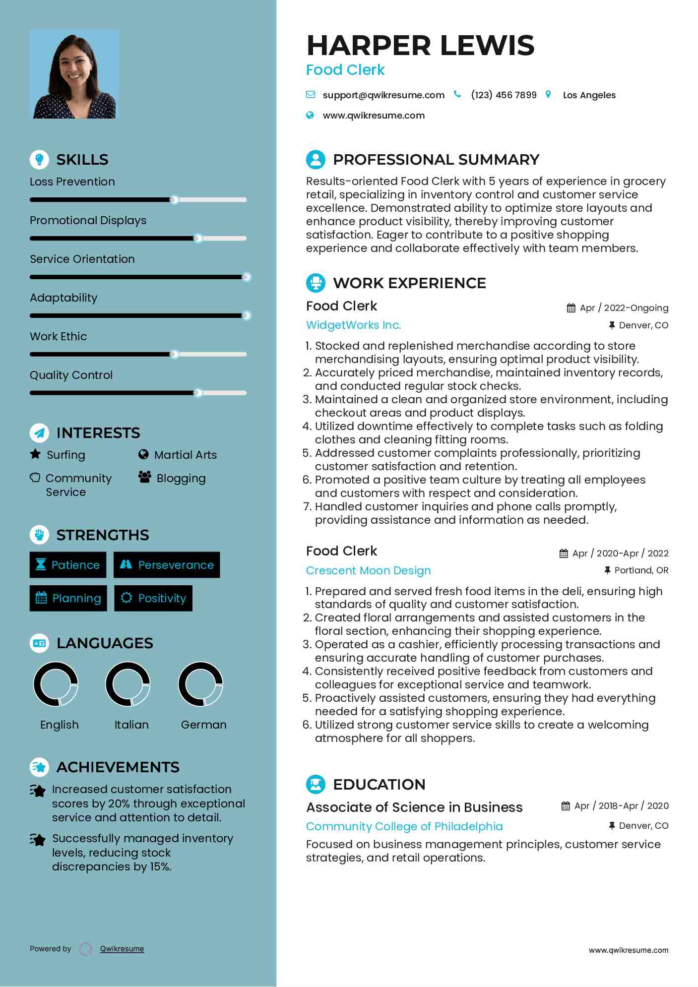 Food Clerk Resume Sample
