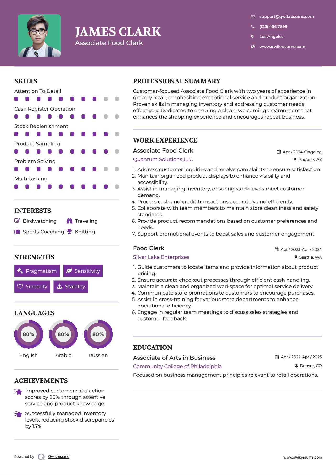 Associate Food Clerk Resume Example