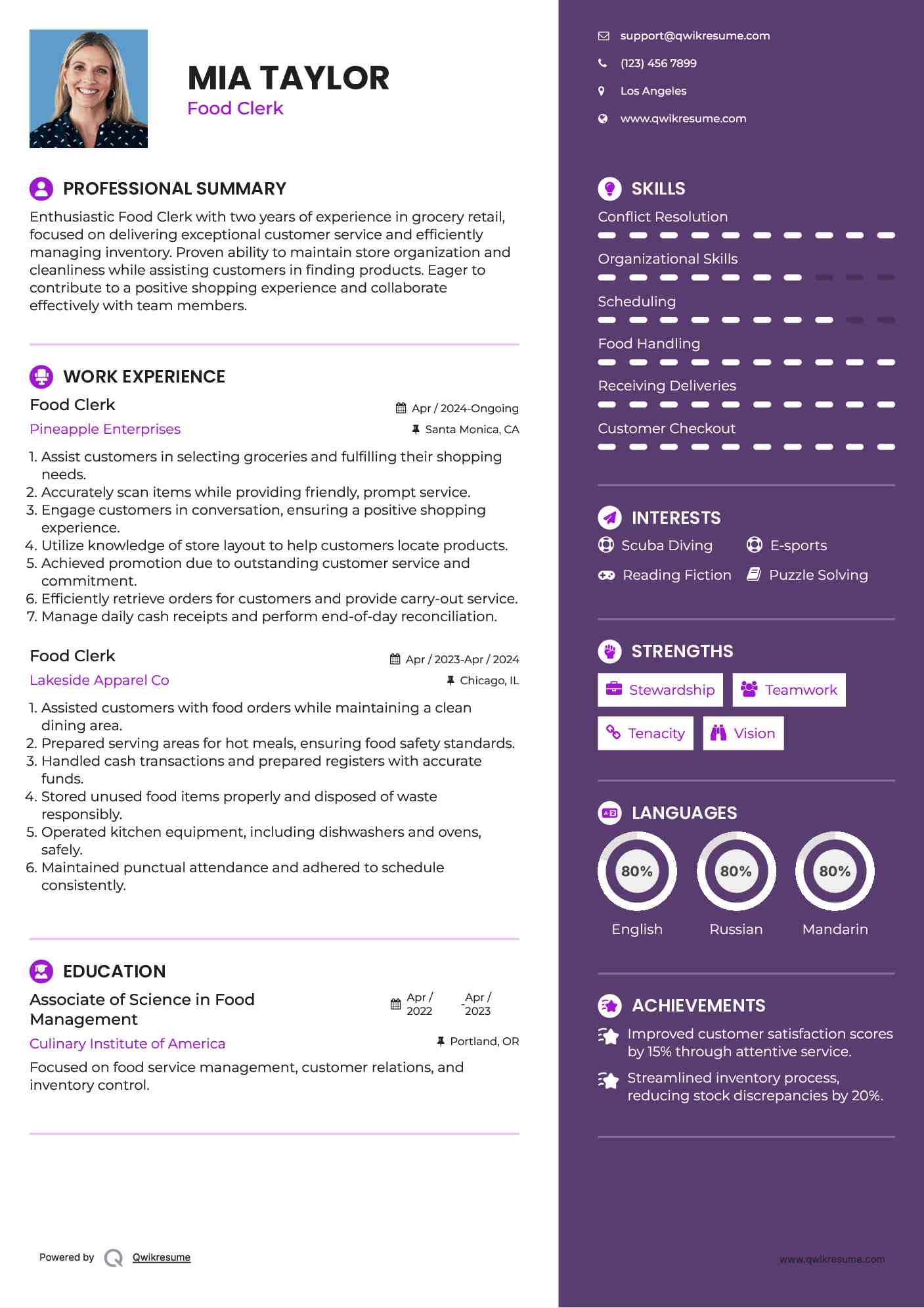 Food Clerk Resume Template