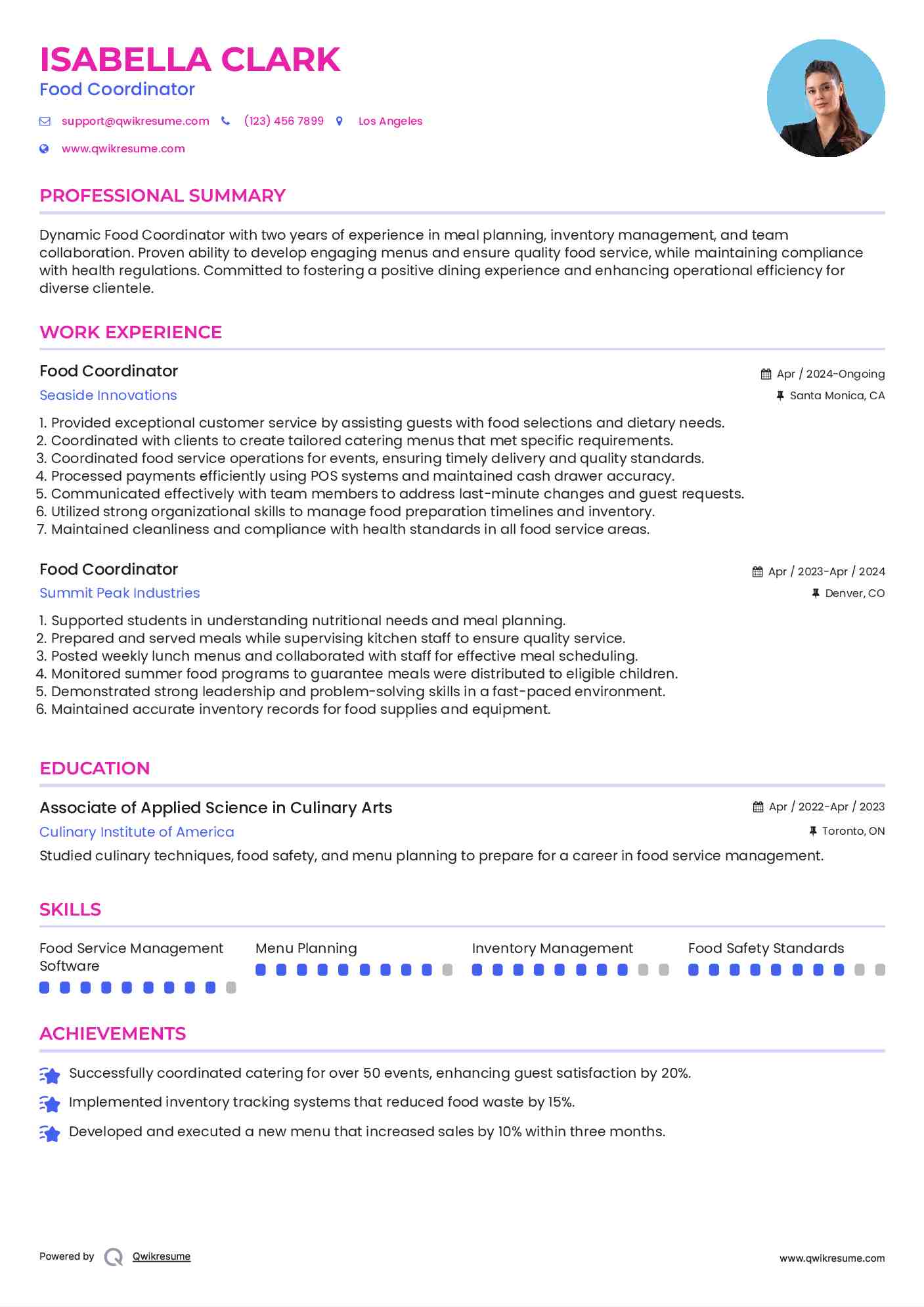 Food Coordinator Resume Model