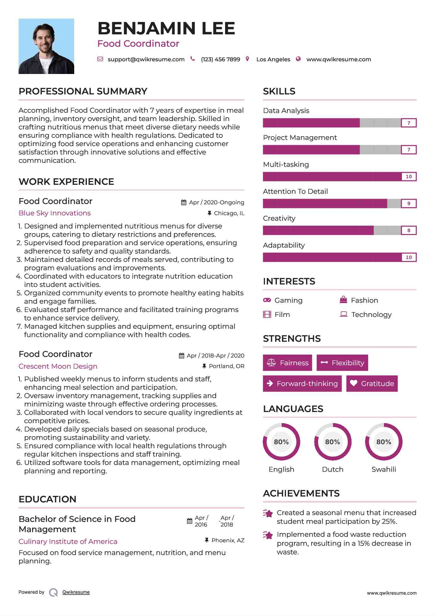 Food Coordinator Resume Example