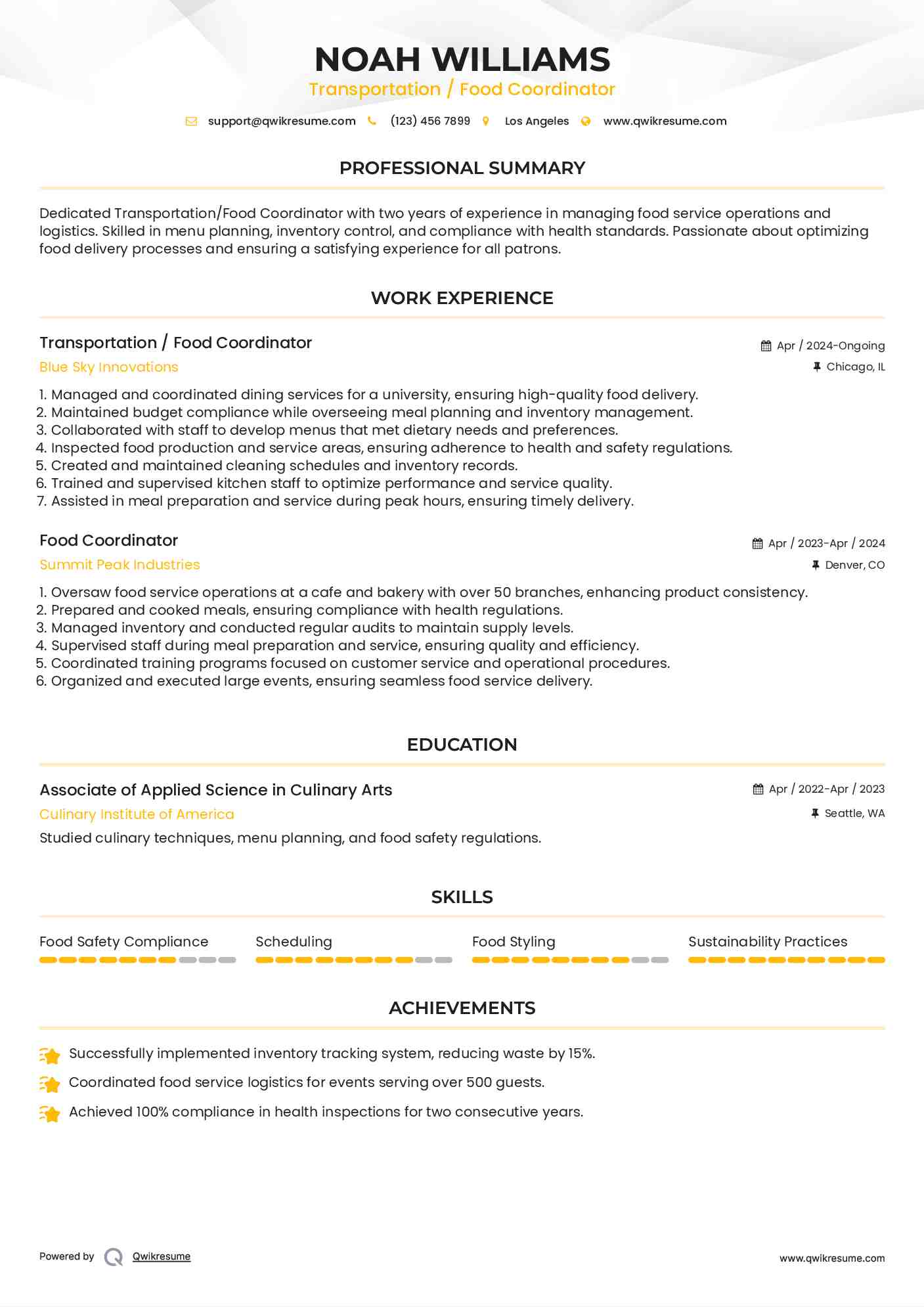 Transportation / Food Coordinator
 Resume Format