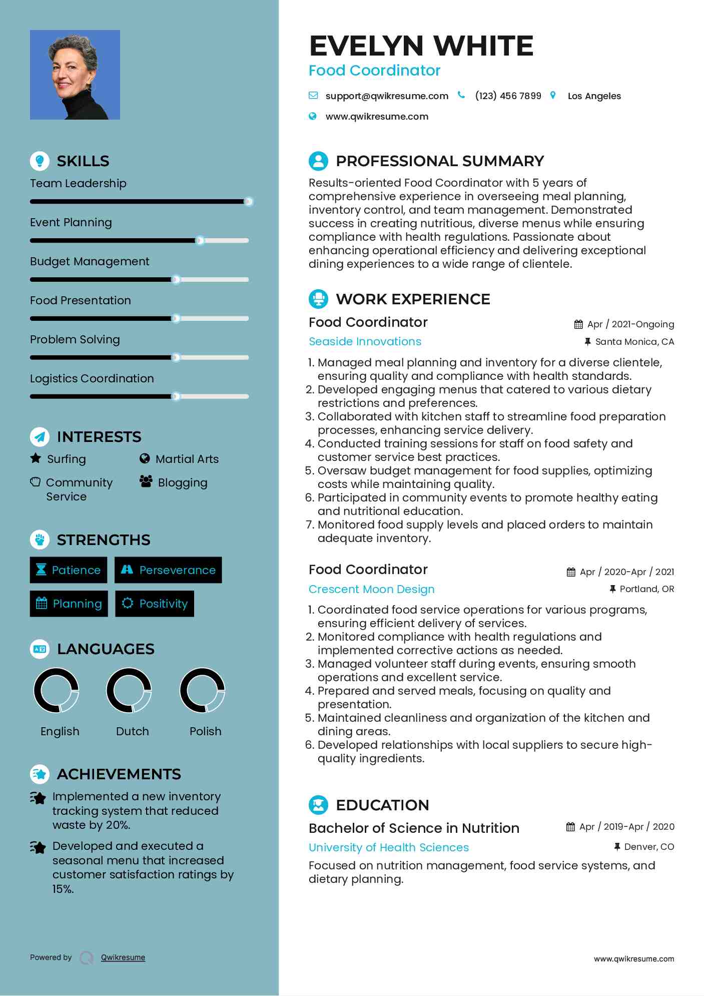 Food Coordinator Resume Format