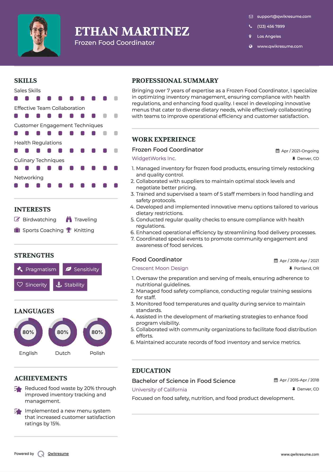 Frozen Food Coordinator
 Resume Model