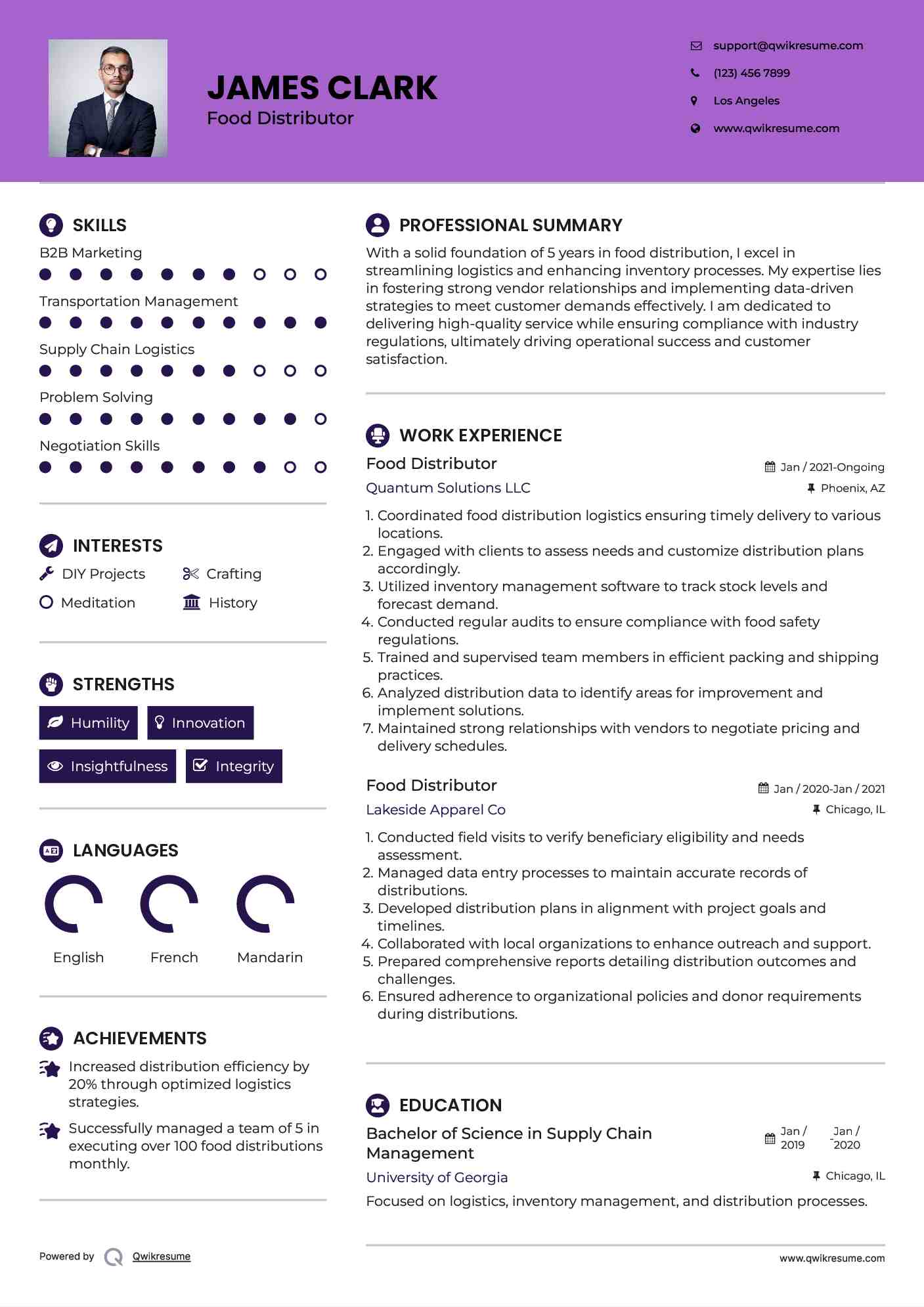 Food Distributor Resume Format