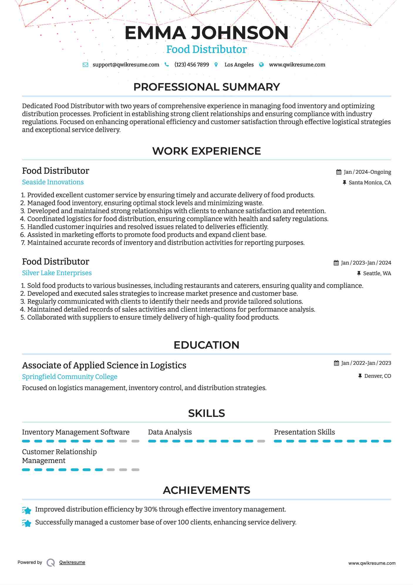 Food Distributor Resume Format