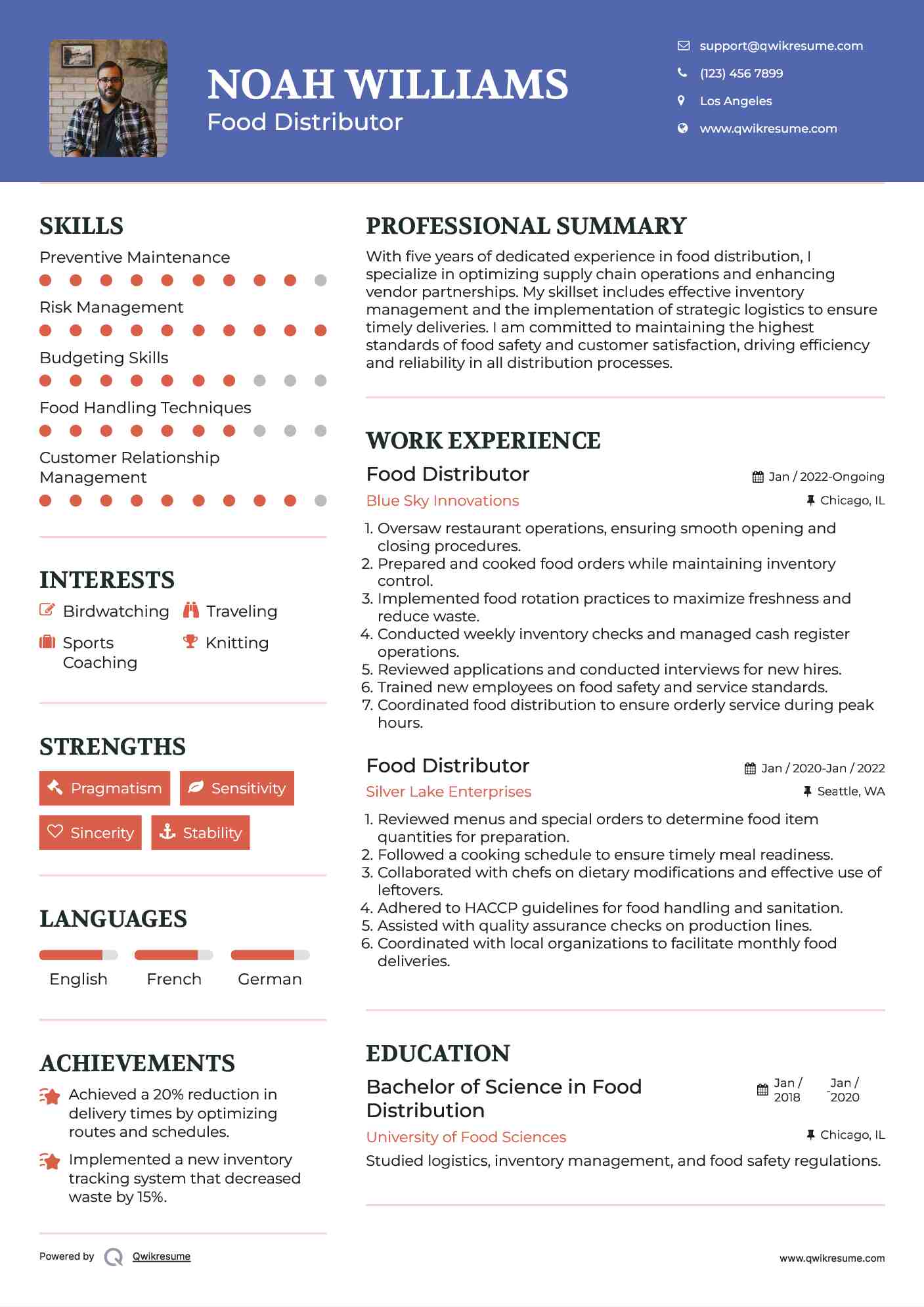 Food Distributor Resume Example