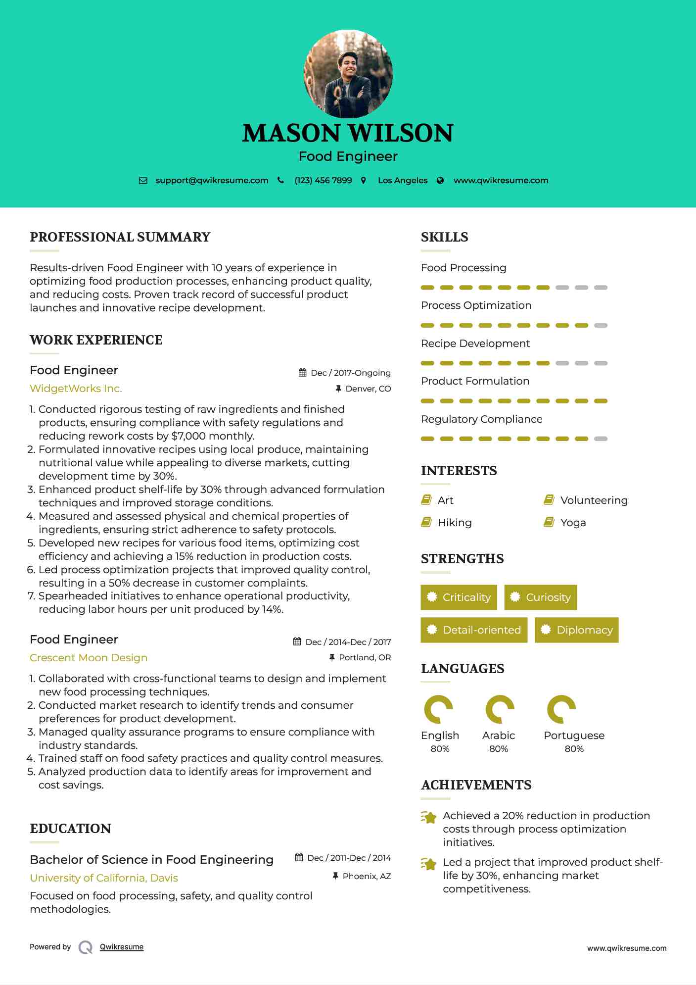 Food Engineer Resume Sample