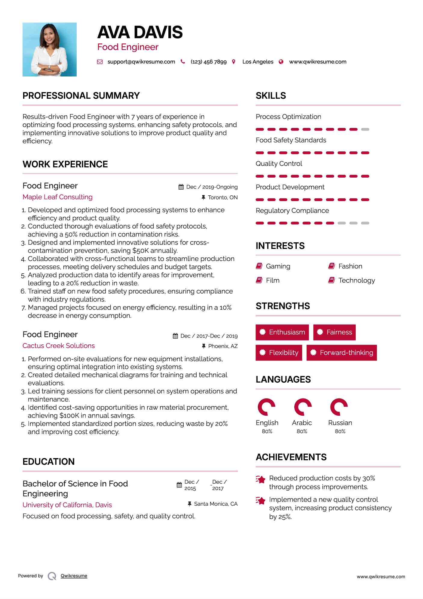 Food Engineer Resume Example