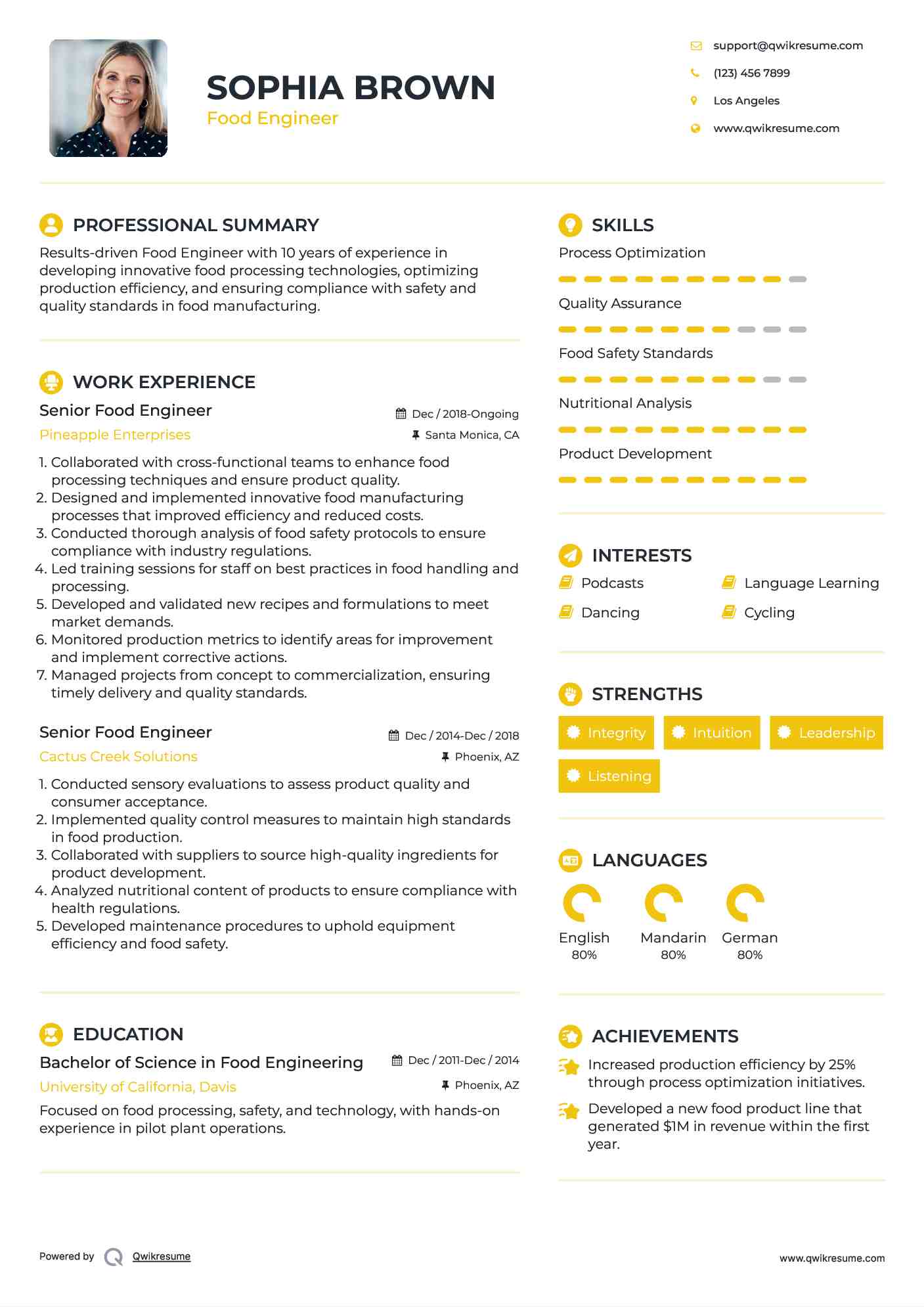 Senior Food Engineer Resume Sample