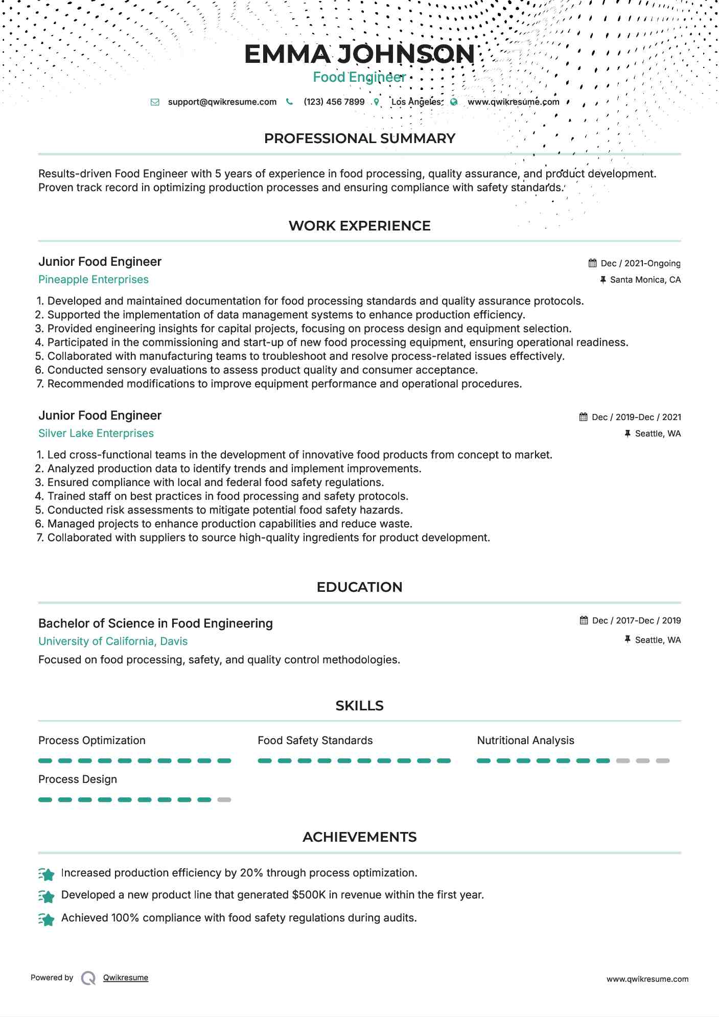 Junior Food Engineer Resume Template