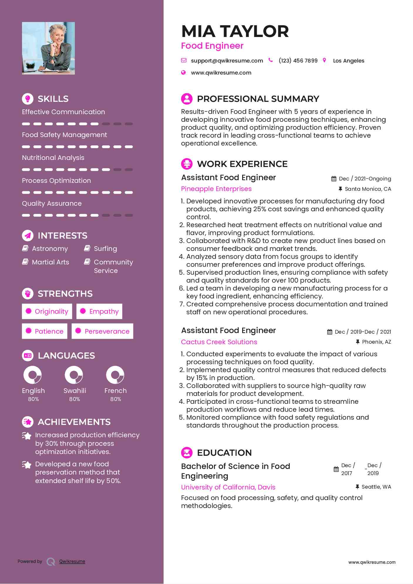 Assistant Food Engineer Resume Template