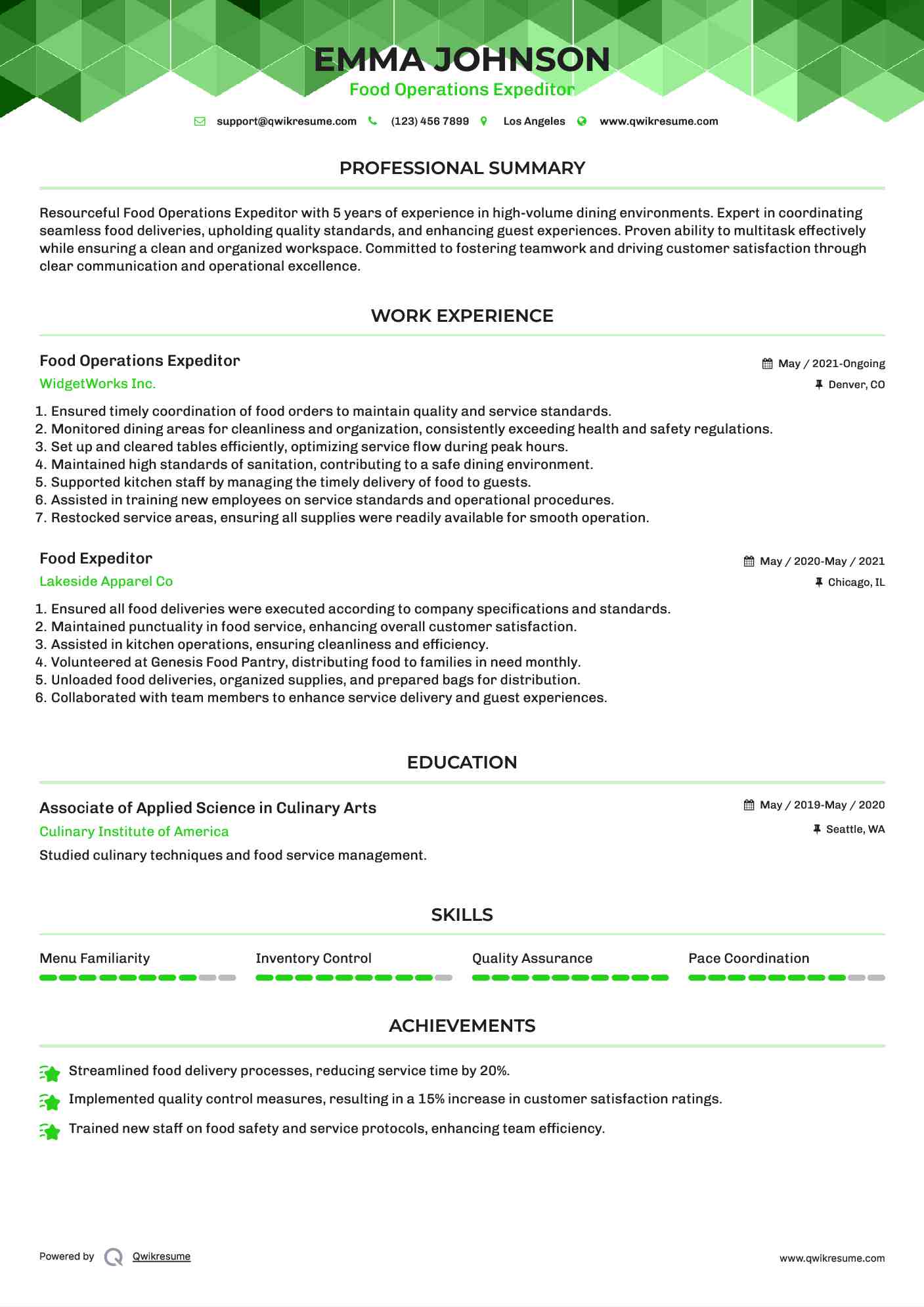 Food Operations Expeditor Resume Example