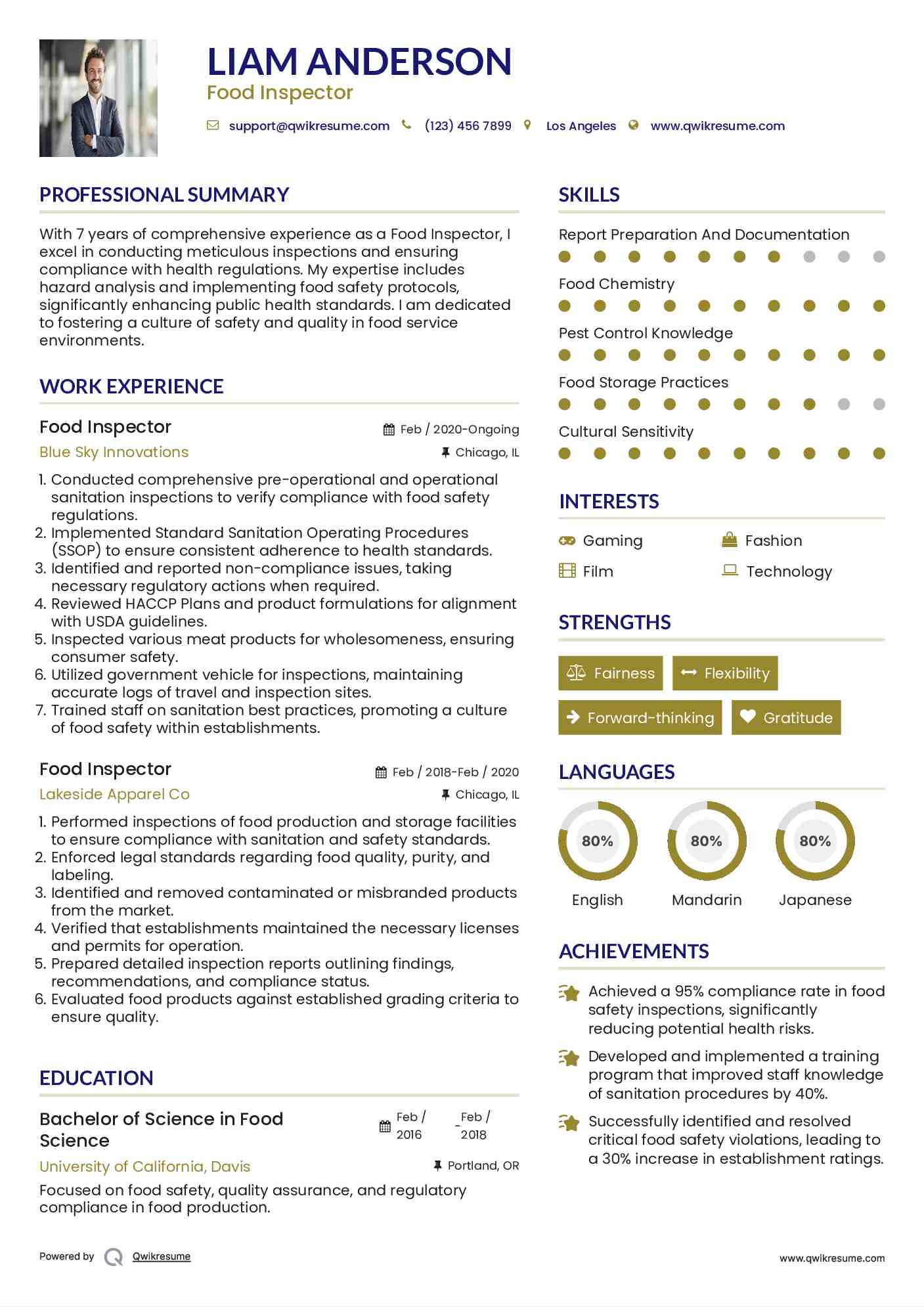 Food Inspector Resume Example