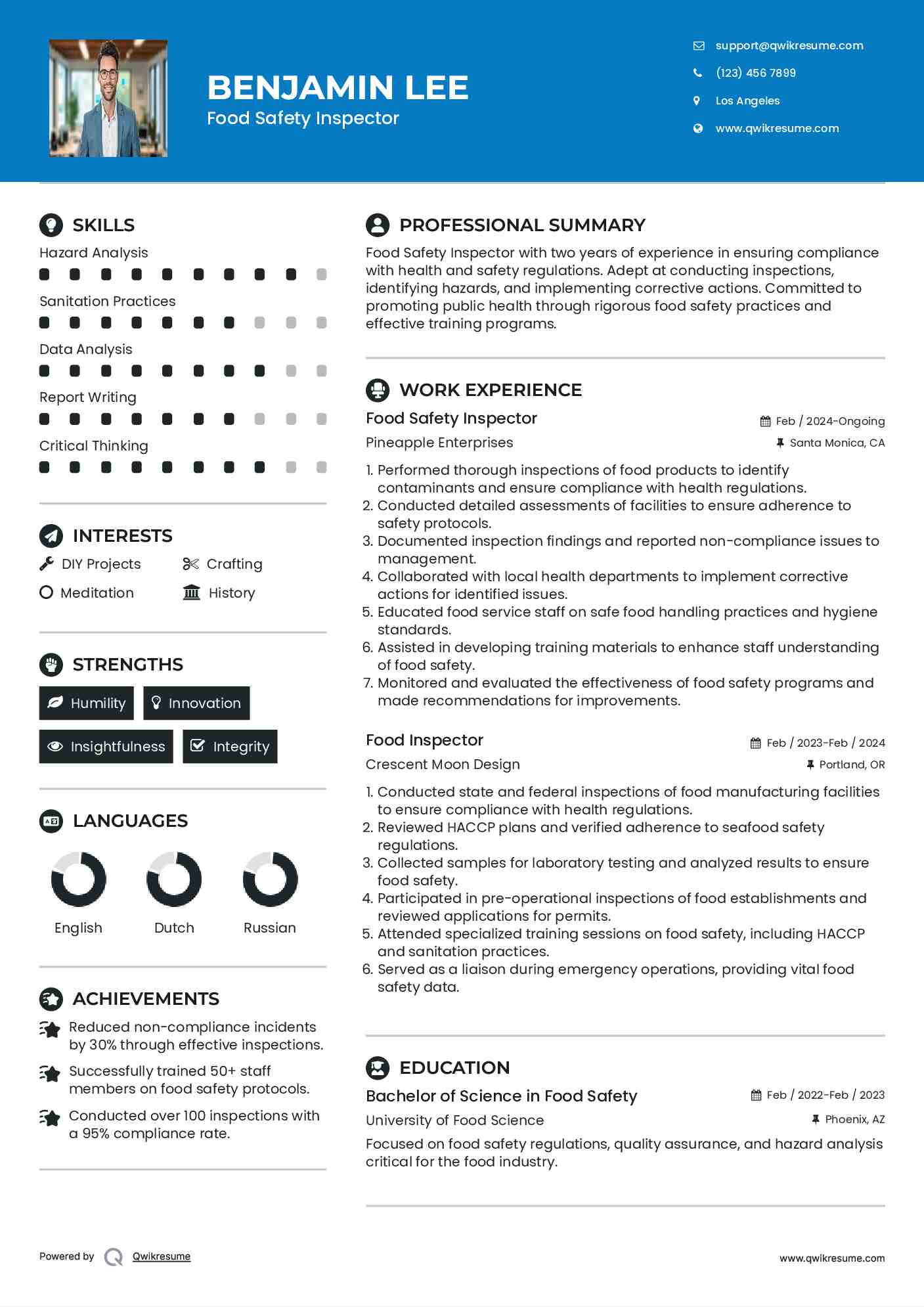 Food Safety Inspector Resume Format
