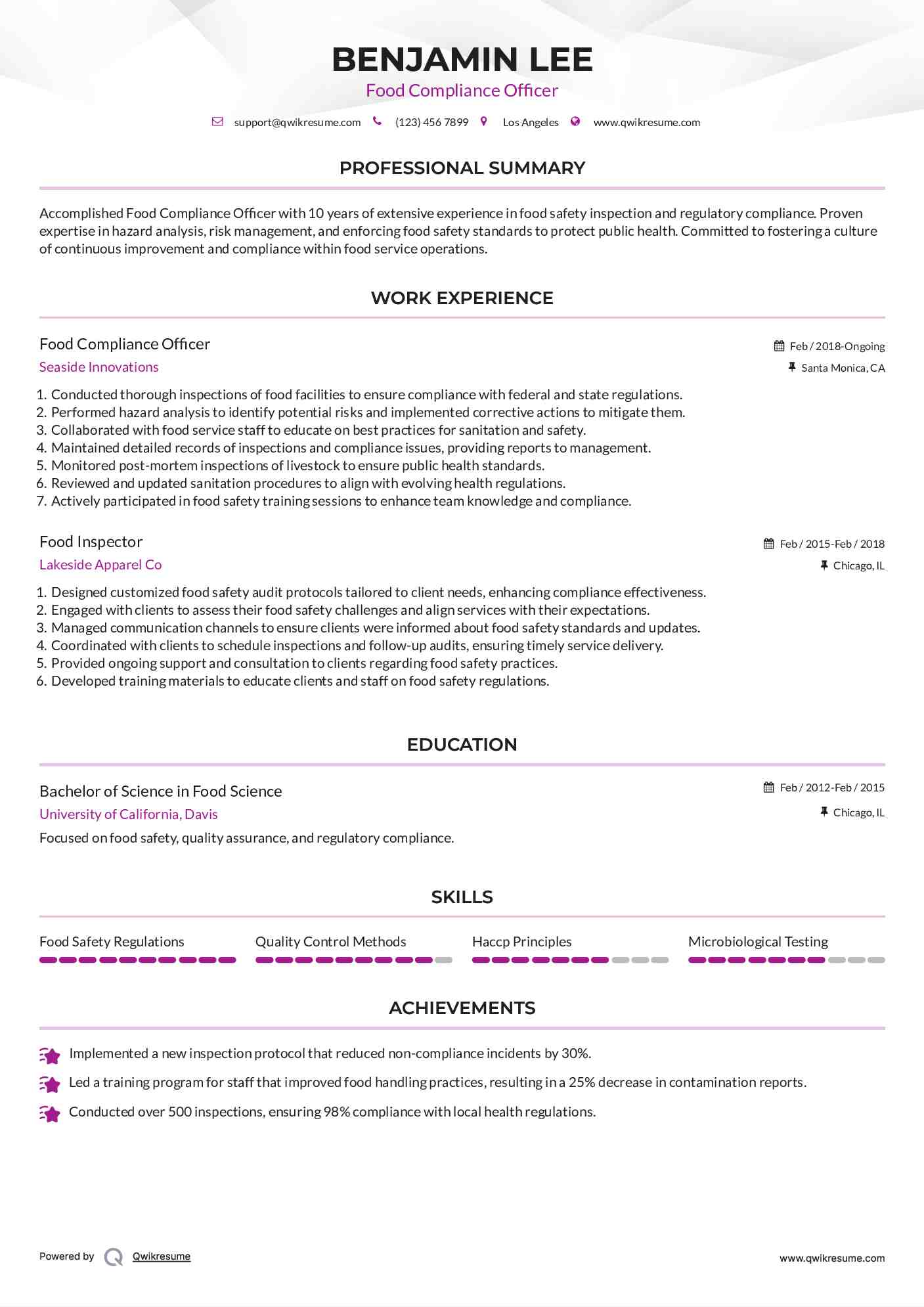 Food Compliance Officer Resume Sample
