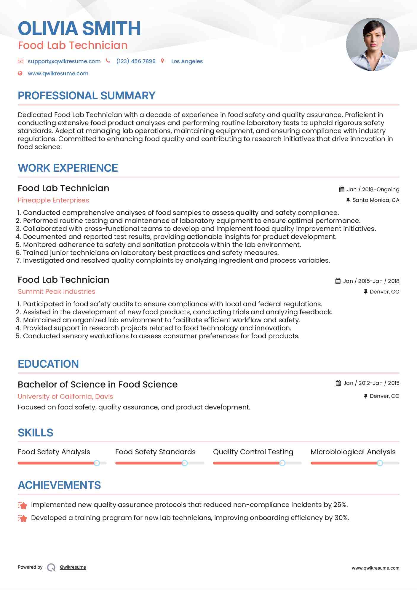 Food Lab Technician Resume Format