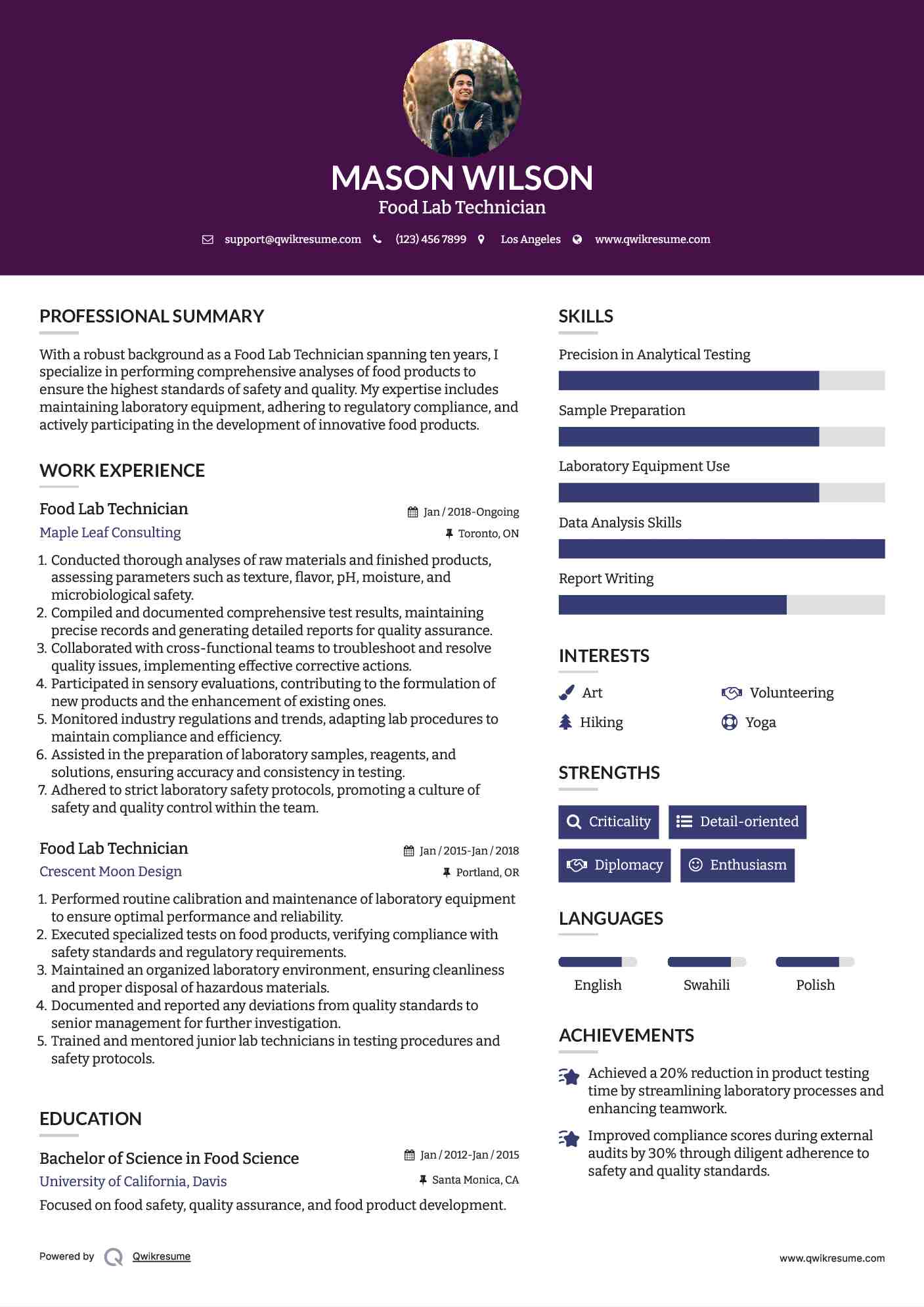 Food Lab Technician Resume Example