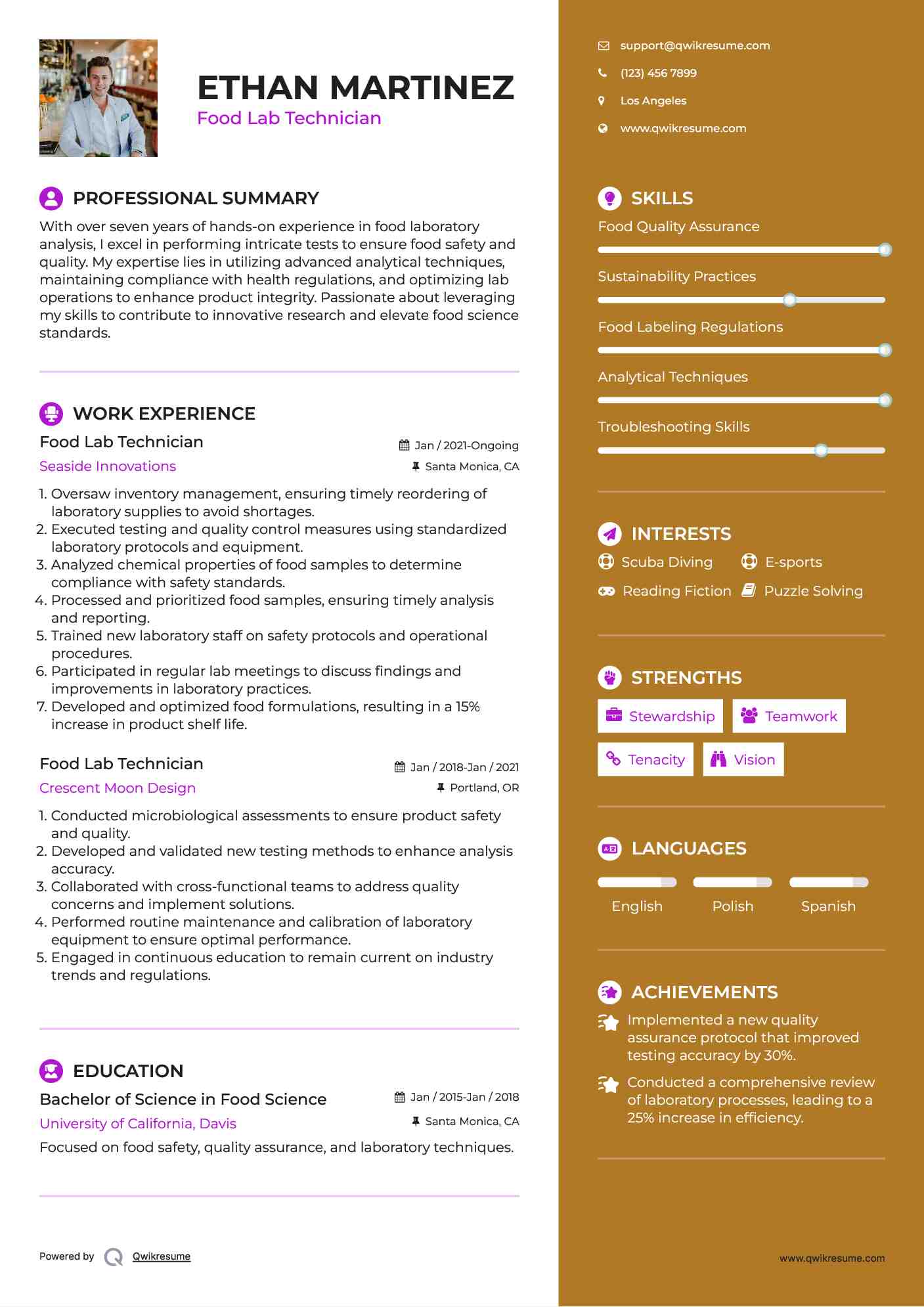 Food Lab Technician Resume Template