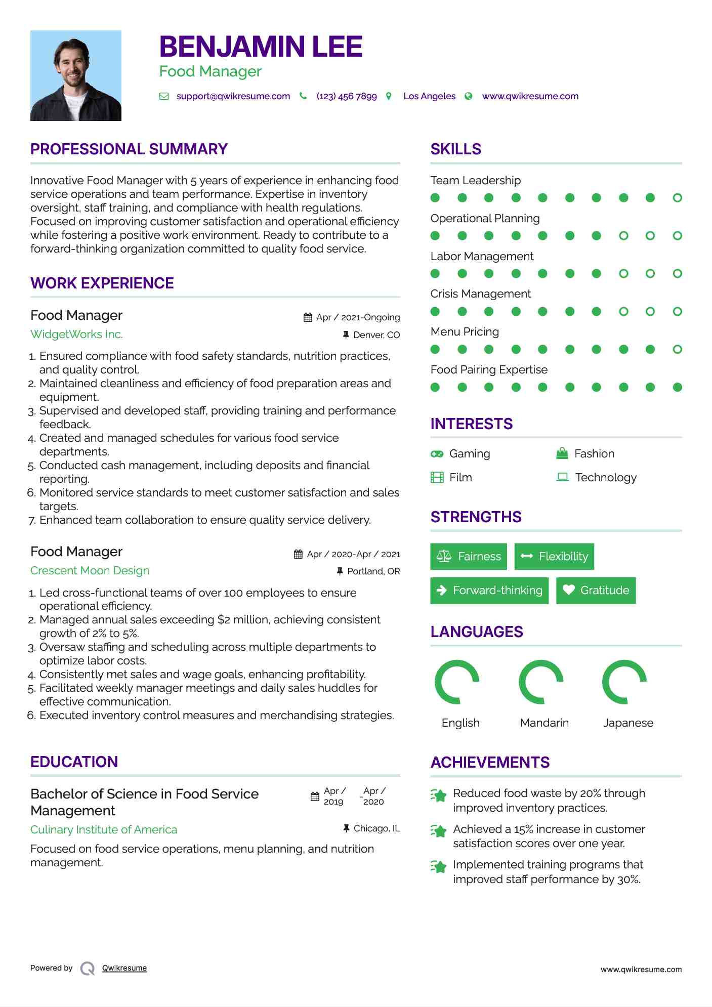 Food Manager Resume Model