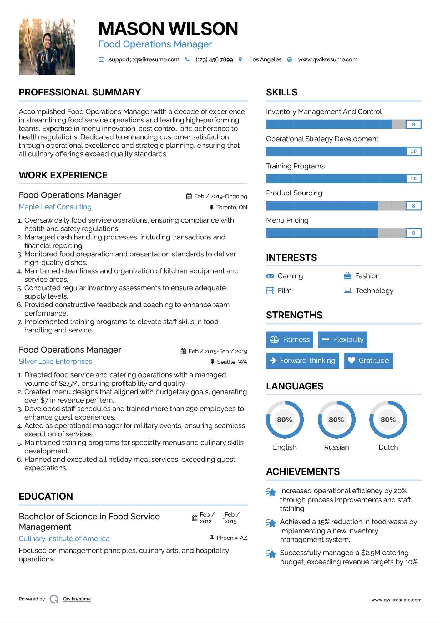 Food Operations Manager Resume Format