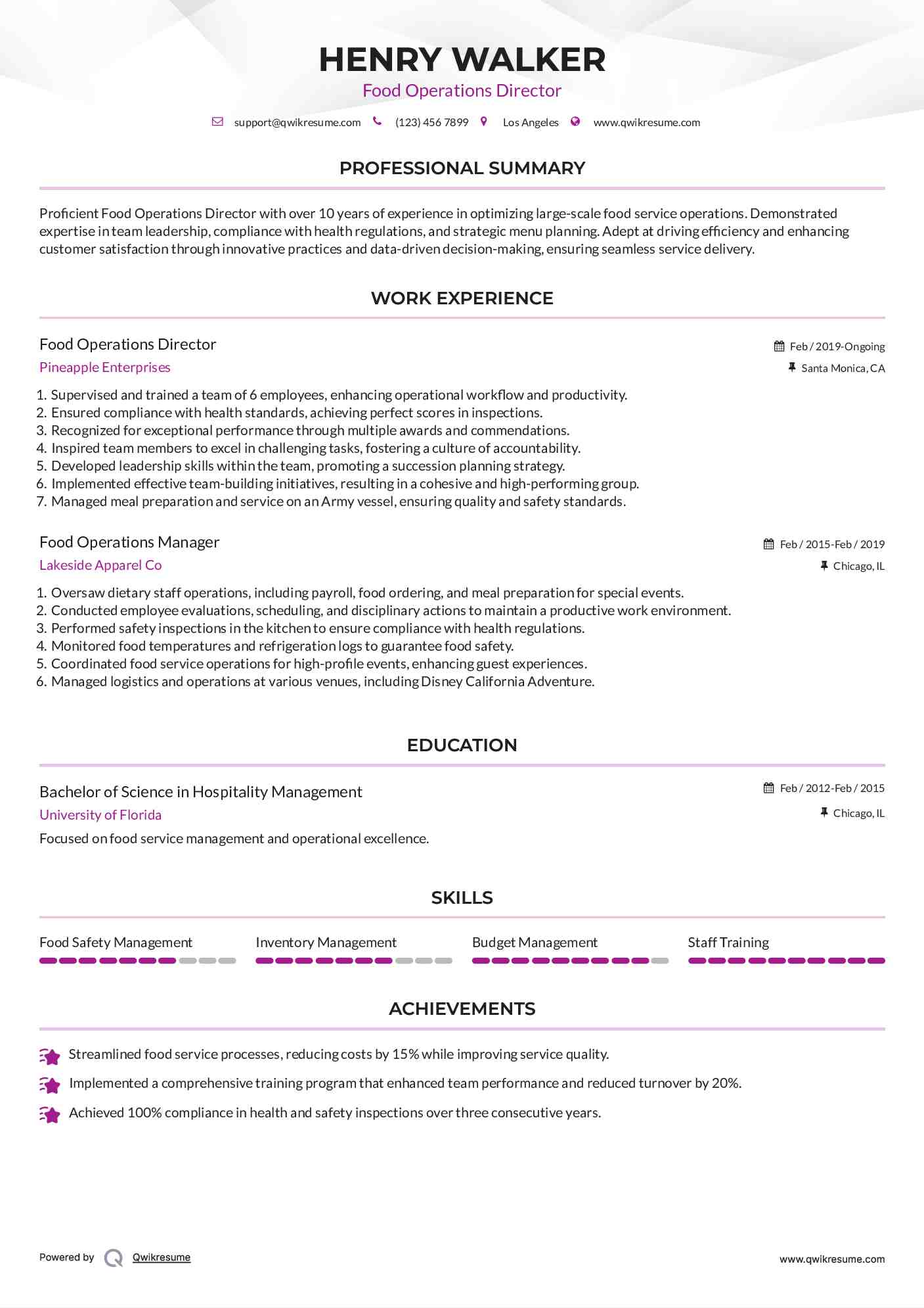Food Operations Director Resume Template