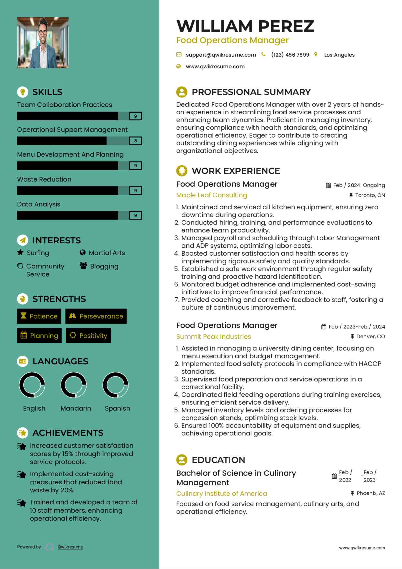 Food Operations Manager Resume Model